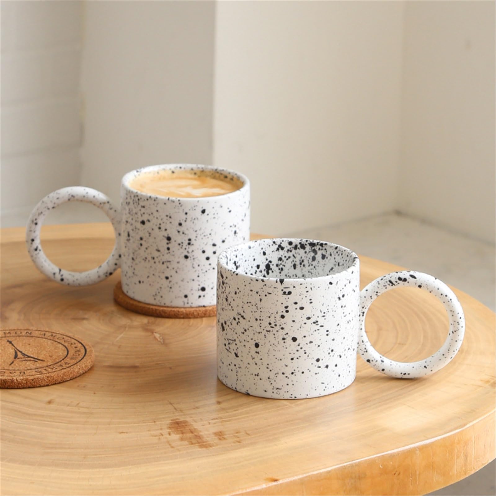 Taza de oficina Taza de café cerámica con asa y diseño lunares, ideal for desayuno, leche avena, 300 ml
