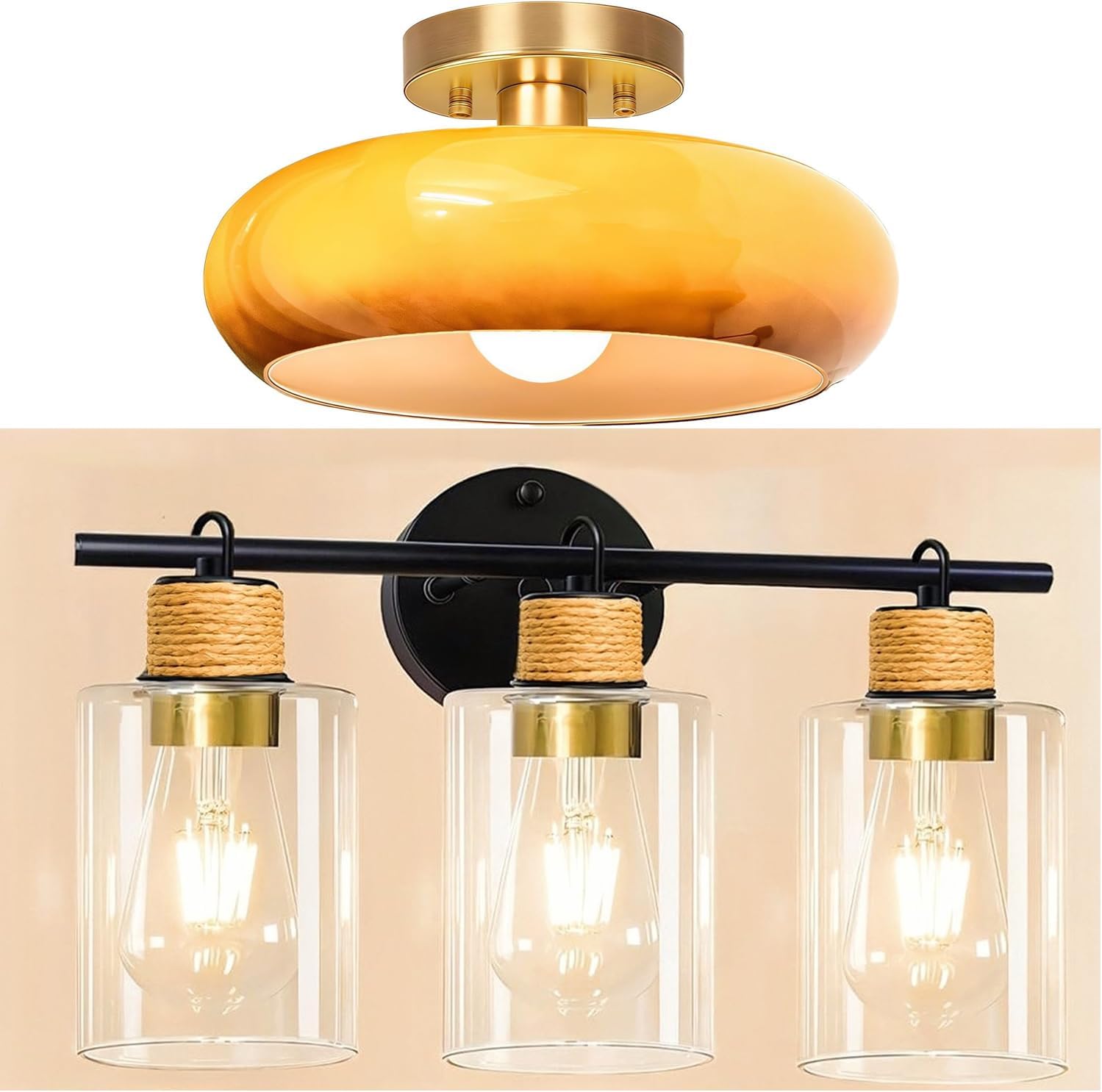 Mid Century Modern Light Fixture+3-Light Matte Black Vanity Light with Clear Glass Shade