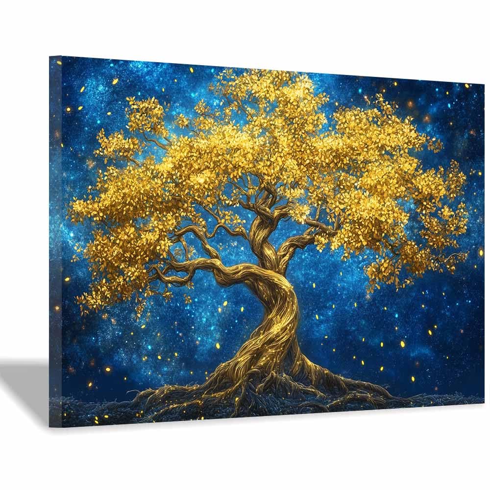 ZAMAEIU The tree of life Illusory-Leaf Tree Canvas Paintings Abstract Tree,Wall Art Poster Modern Room Bedroom Home Decor Geometric Print Patterns(golden)-70x100cm Framed