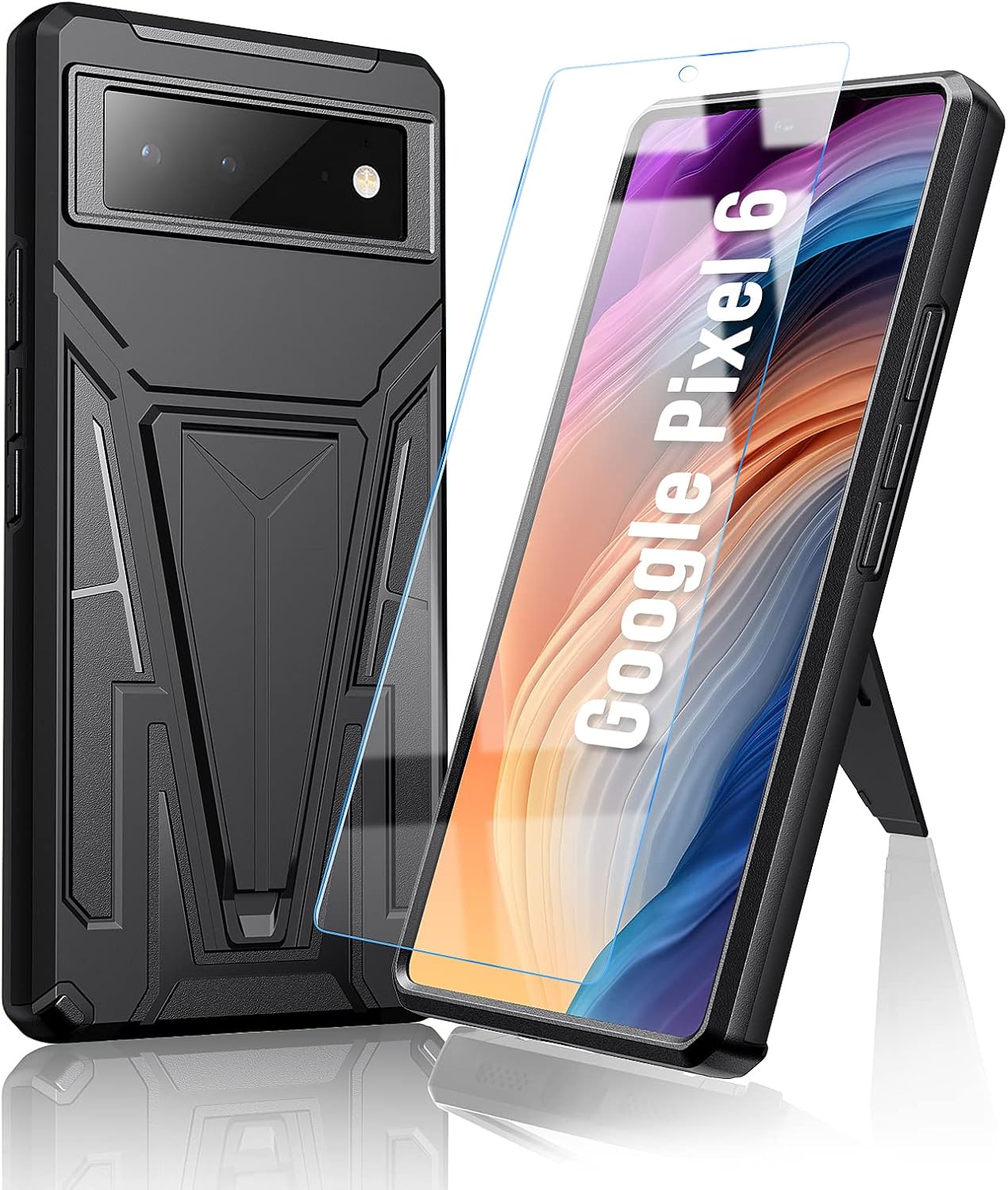 for Google Pixel 6 Case 2021: with Tempered Screen Protector & Built in Kickstand Military Grade Protective Shockproof Armor Protection Cover for Pixel 6 - Black