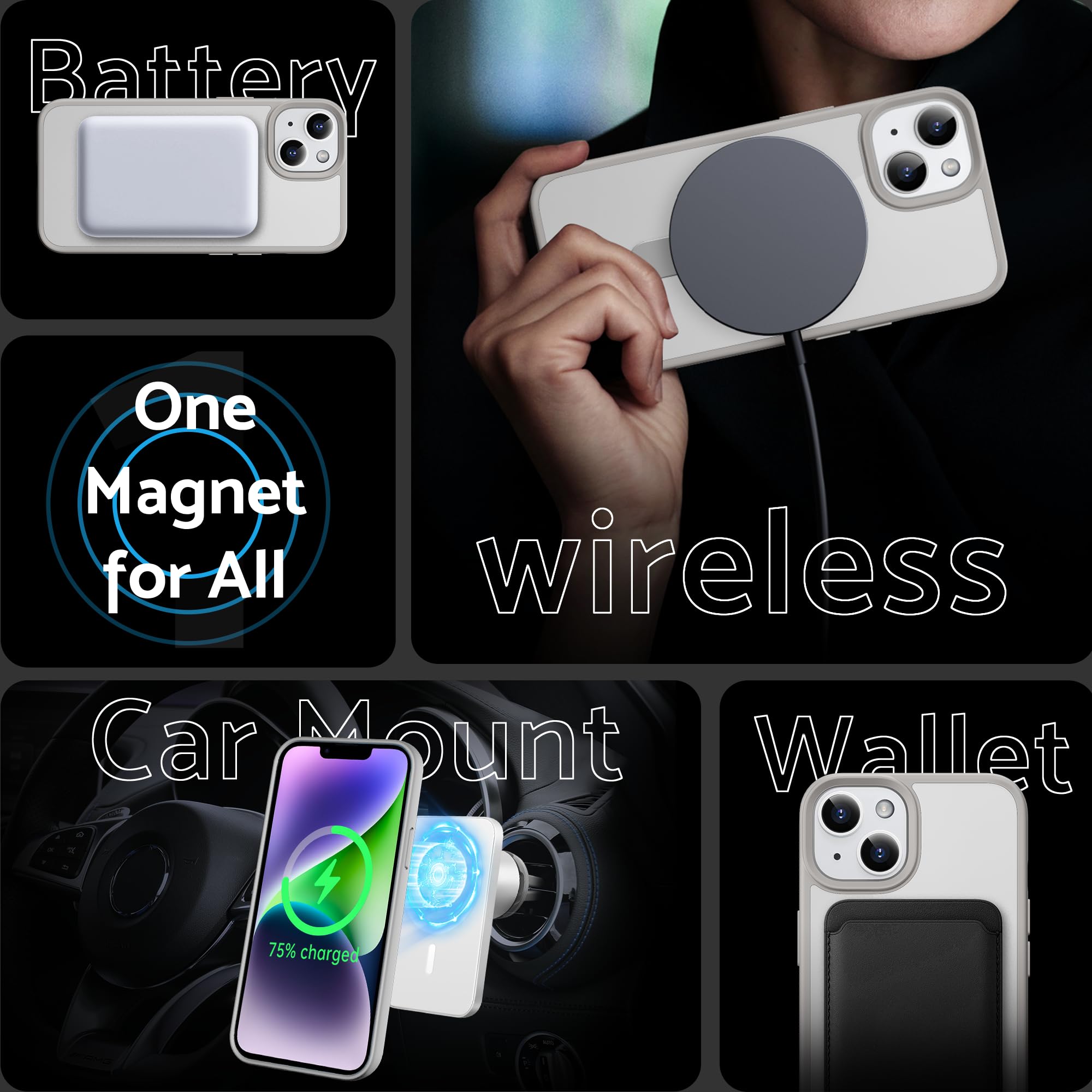 DASFOND Custodia Magnetica Per IPhone 14 Pro Con Supporto Invisibile - MagSafe, Antiurto, Trasparente Opaca, Nero - 5