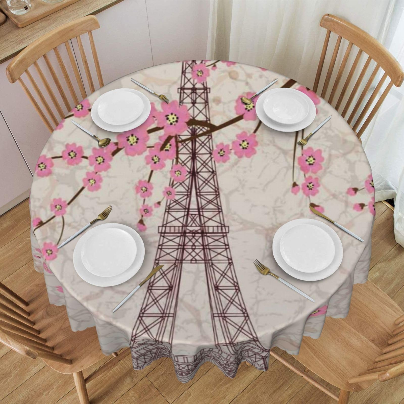 DCEHGEW 60 In Round Tablecloth with Lace, Eiffel Tower Printed Oilproof & Washable Fabric Picnic Table Cloth Table Covers