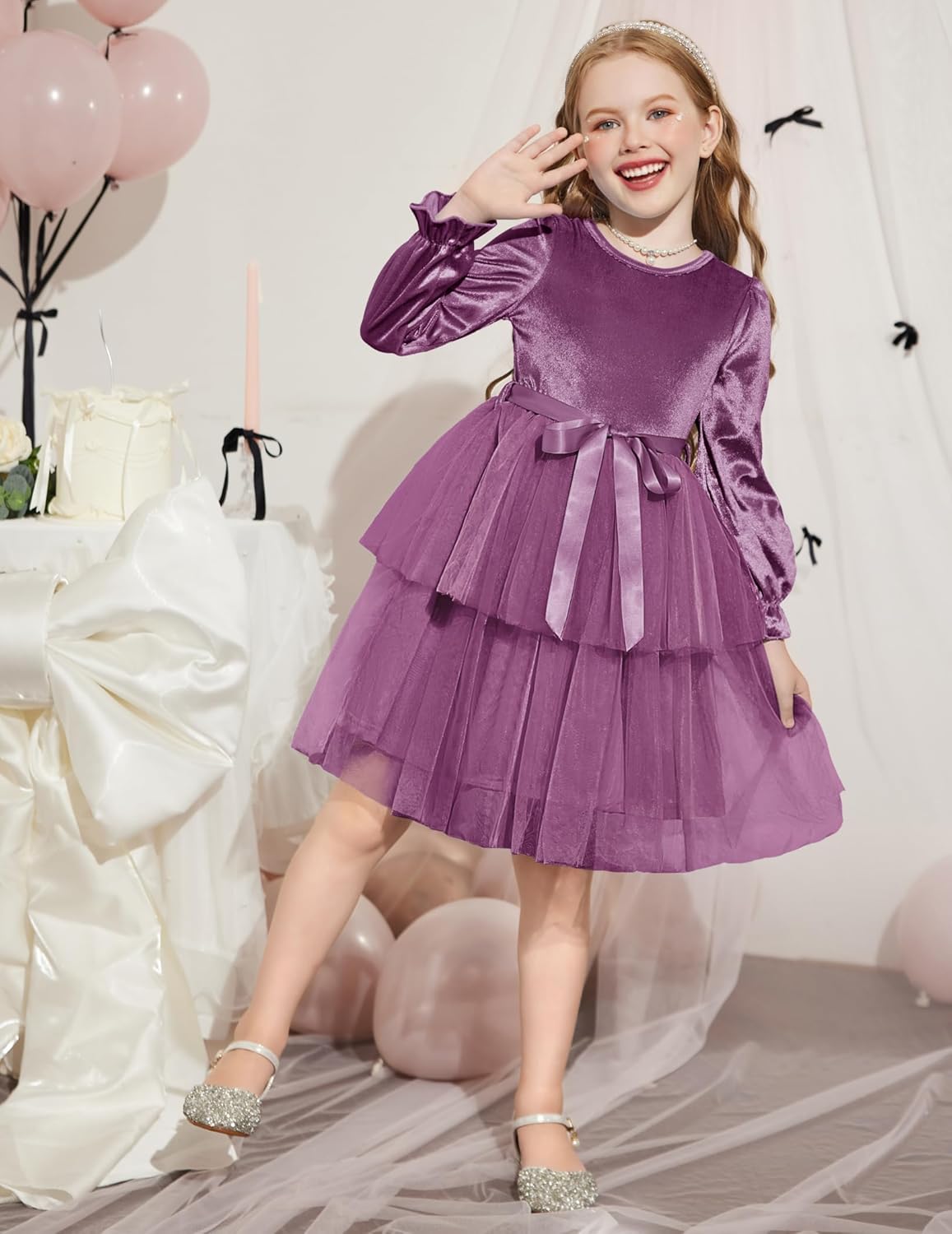 Arshiner Girls Velvet Tutu Dress Toddler Puff Long Sleeve Tiered Tulle Fall Winter Party Dresses with Ribbon - Image 5