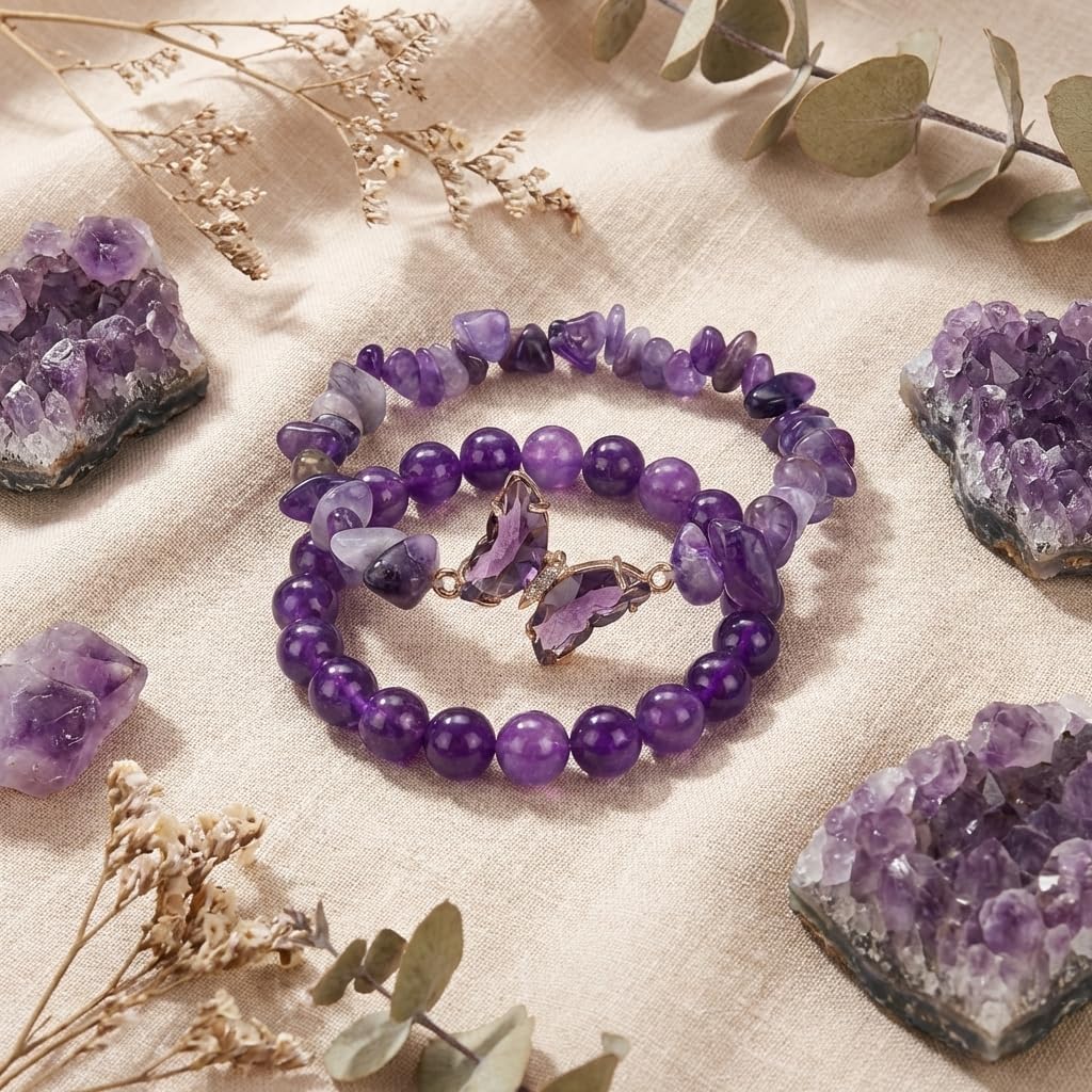 BELLA-Bee Natural Amethyst Healing Stone Bracelet Set for Women, Anxiety Relief Nature Stone Beaded Layered Bracelet with Butterfly Charm, Calming Spiritual Jewelry Gifts