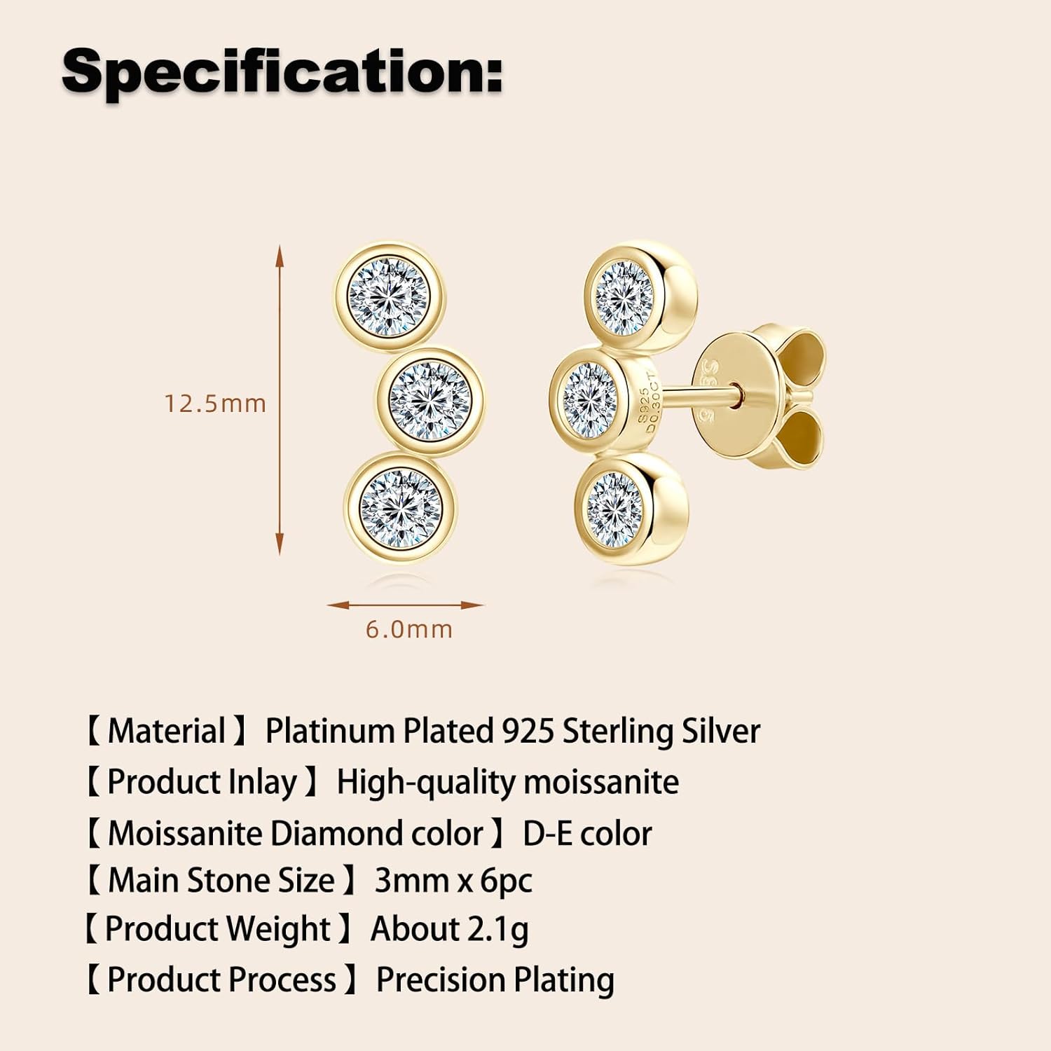 3-Stones Bezel Stud Earrings, 0.6cttw D Color Round Cut Moissanite, 925 Sterling Silver Earrings Elegant Jewelry Gifts for Women, Wife, Mom - Image 4