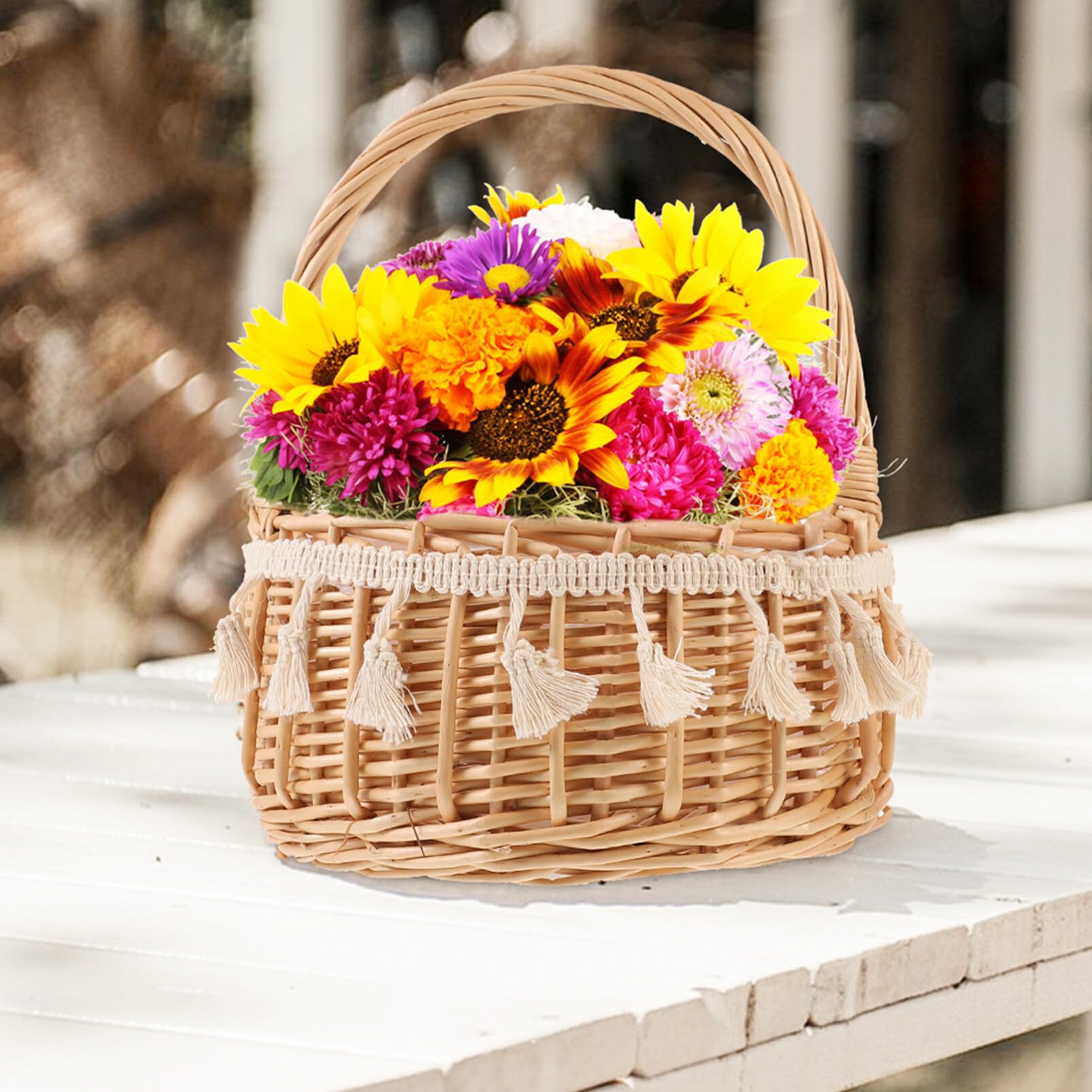 Cabilock Blumenkorb Hochzeit Rattan Weidenkorb Für Blumenmädchen Mit Henkel Eleganter Fotografie Requisitenkorb Für Hochzeitszeremonie Und Partydekoration
