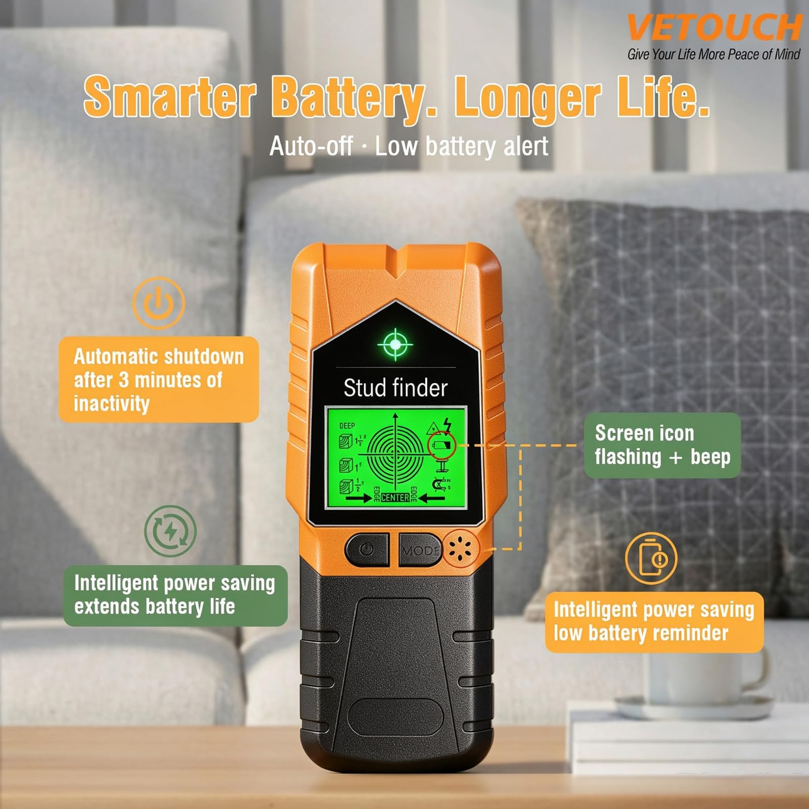 VETOUCH 6-in-1 Stud Finder - Detects Studs, Wires & More -8