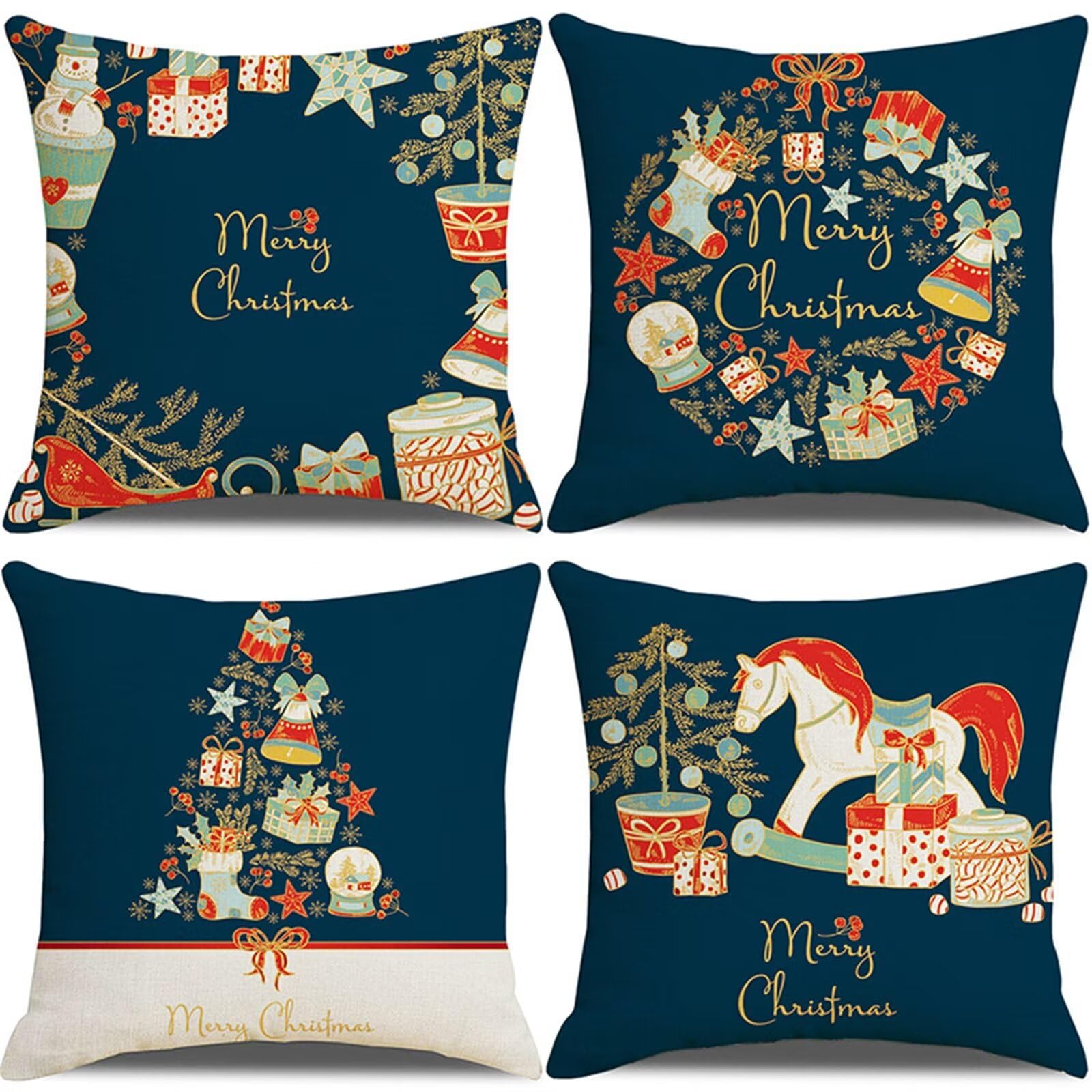 Coussin Noël bleu lot de 4 housses 50x50 cm l'idée cadeau idéale pour la maison