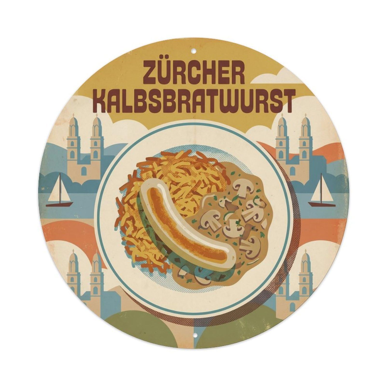Swiss Travel Cuisine Zürcher Kalbsbratwurst Rösti Metal Tin Sign