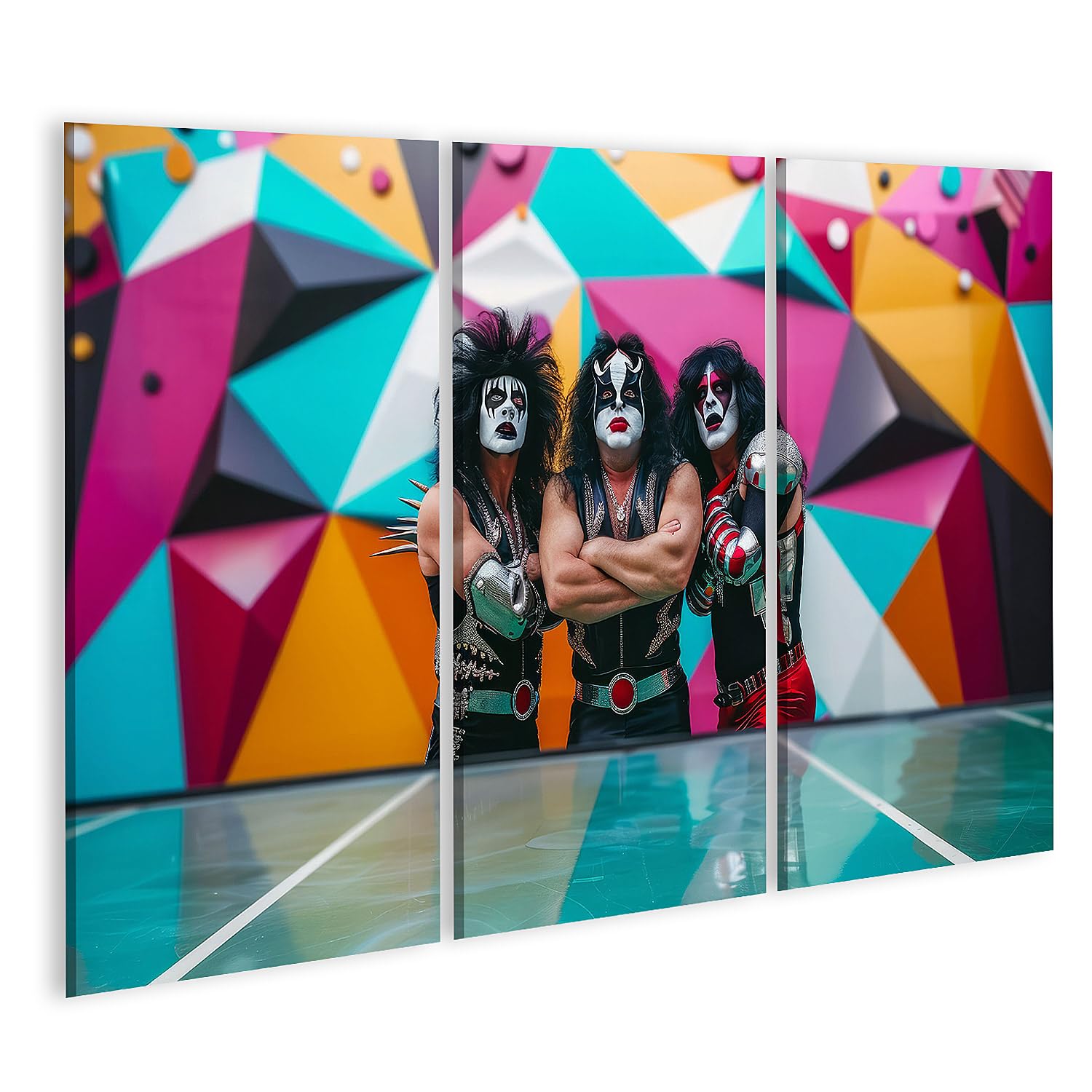 islandburner Quadro su tela Costumi colorati e trucco rock band su sfondo geometrico per soggiorno amanti della musica negozio immagini murali poster