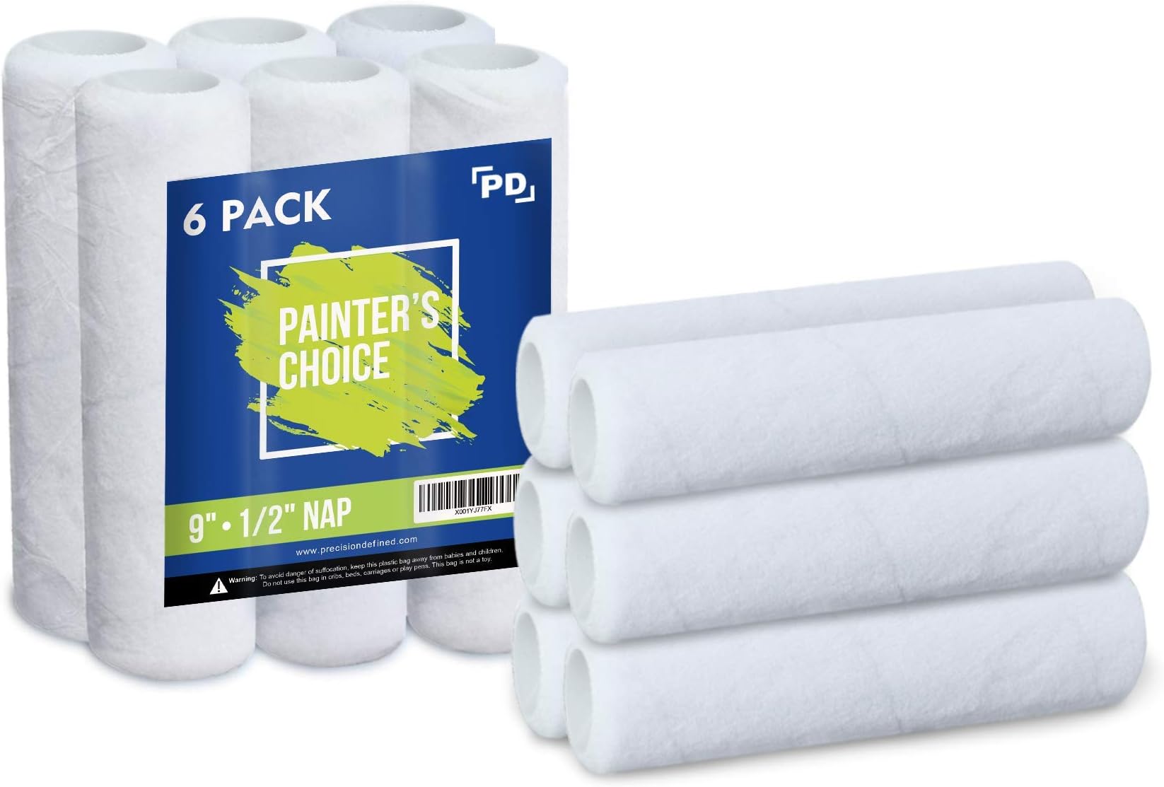 Precision Defined Paint Roller Covers 9-Inch, Paint Roller Refills 6-Pack, Replacement Covers for Roller Brushes Set, Exterior Paint Roller Cover Set for Painting Walls, Smooth Rolling (1/2-Inch Nap)