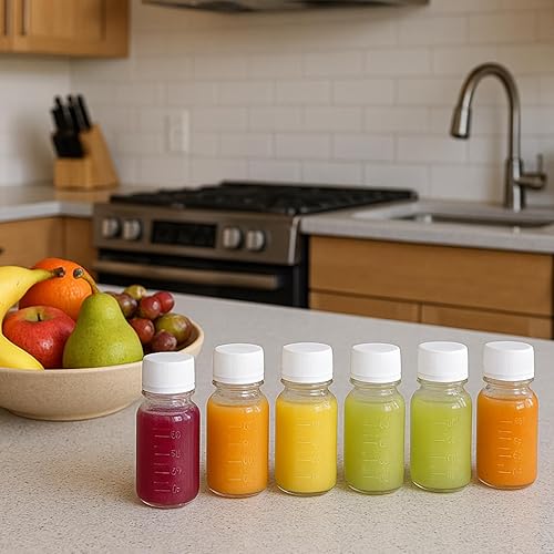 Miniatura 8 de ZENFUN 48 botellas pequeñas de plástico transparente de 2 onzas con tapa, botellas de jengibre con tapa, botella vacía para jugo, líquidos, whisky,