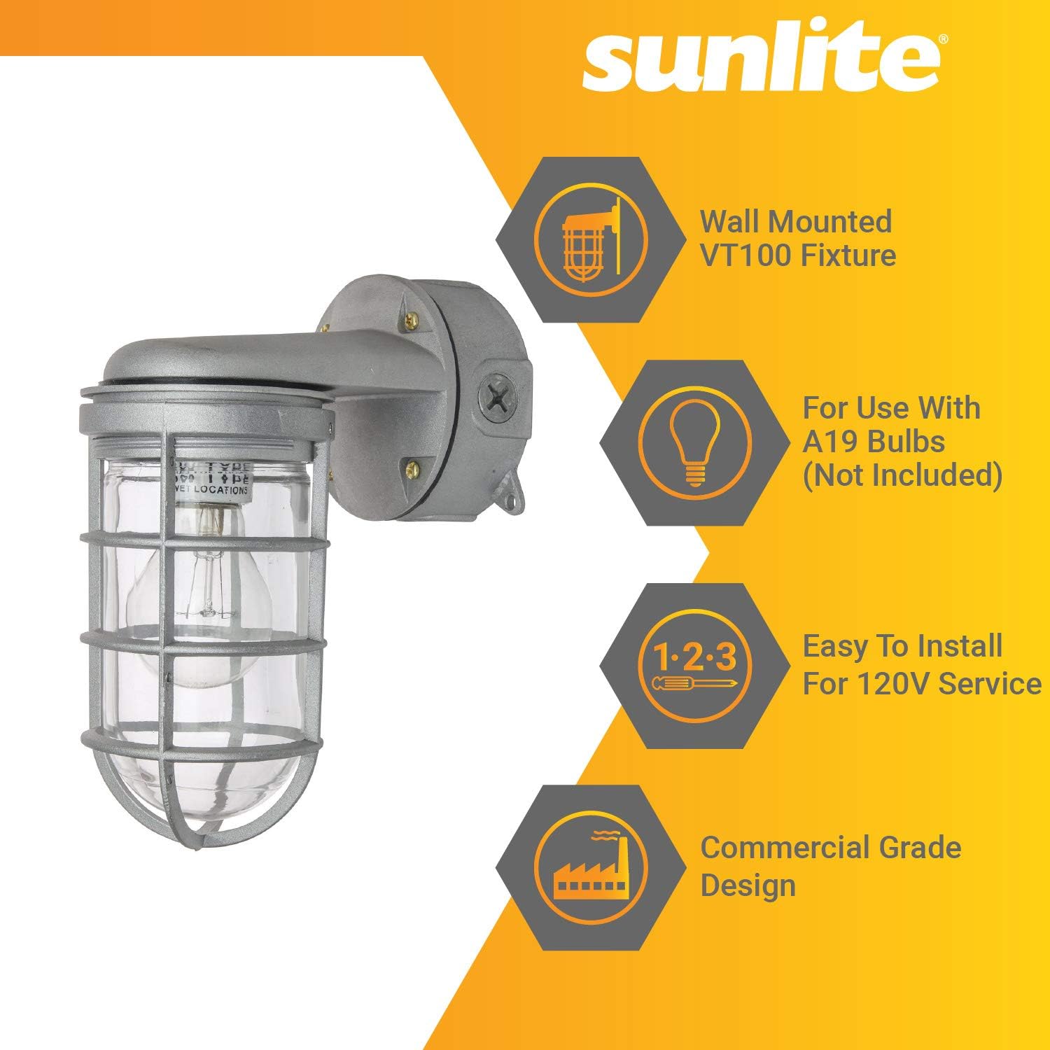 Sunlite 41368-SU Vaporproof Industrial Jar Fixture, Wall Mount, Medium Base Socket (E26), 100W Max, 120 Volt, Outdoor, UL Listed, Clear Glass Jar, Metallic Finish