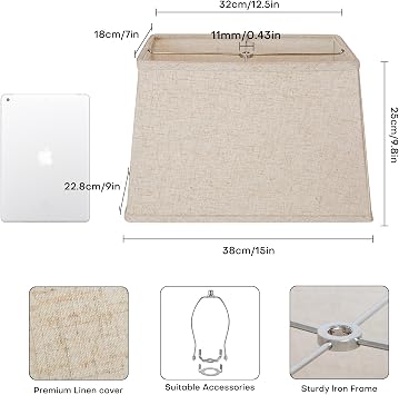 Rectangular Lampshade, Large Beige Lamp Shade, (7 x 12.5) '' x (9 x 15) '' x 9.8 '', Includes 1 Shade Bracket, 2 Adapters, Suitable for Table Lamps and Floor Lamps, Easy Assembly