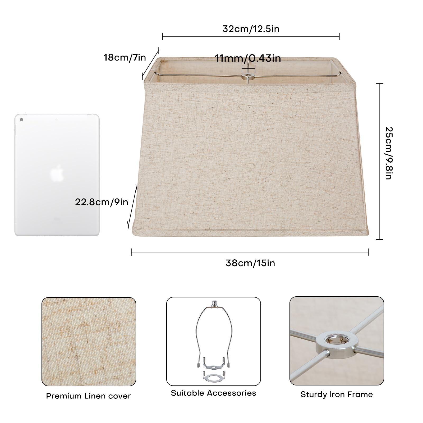 Rectangular Lampshade, Large Beige Lamp Shade, (7 x 12.5) '' x (9 x 15) '' x 9.8 '', Includes 1 Shade Bracket, 2 Adapters, Suitable for Table Lamps and Floor Lamps, Easy Assembly