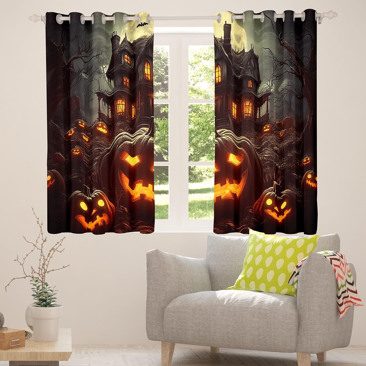 Kürbis Halloween Verdunkelungs Vorhänge Kürbis Laternen Vorhänge Glückliche Halloween Fenster Vorhänge Trick Or Treat Thema Schlafzimmer Vorhänge Geist Spinne Fledermäuse Dekor Vorhänge,117Bx183L