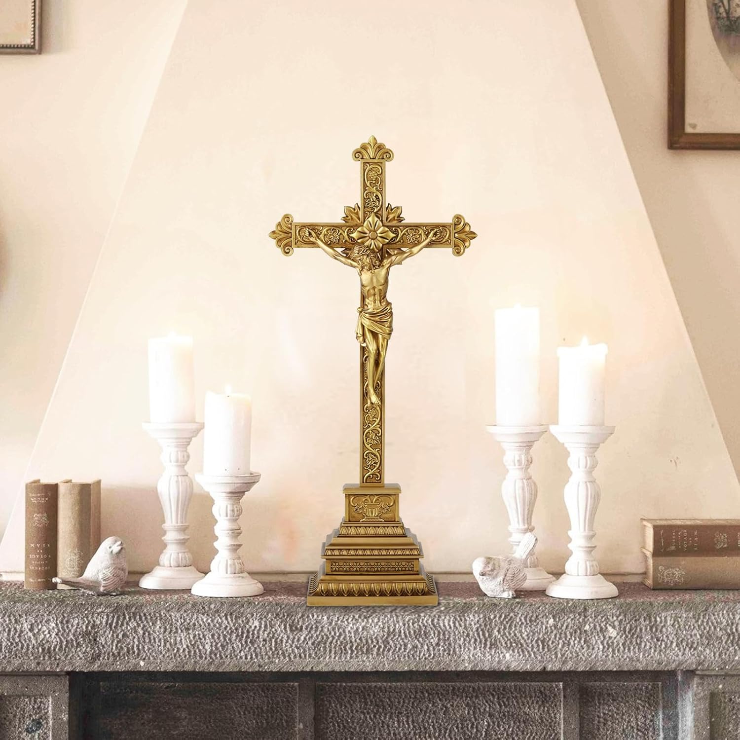 Standing Crucifix - 16 Inch Jesus Cross with Base for Home Table Decor, Gold Crucifix Standing Cross Catholic Wedding Altar Religious Gifts