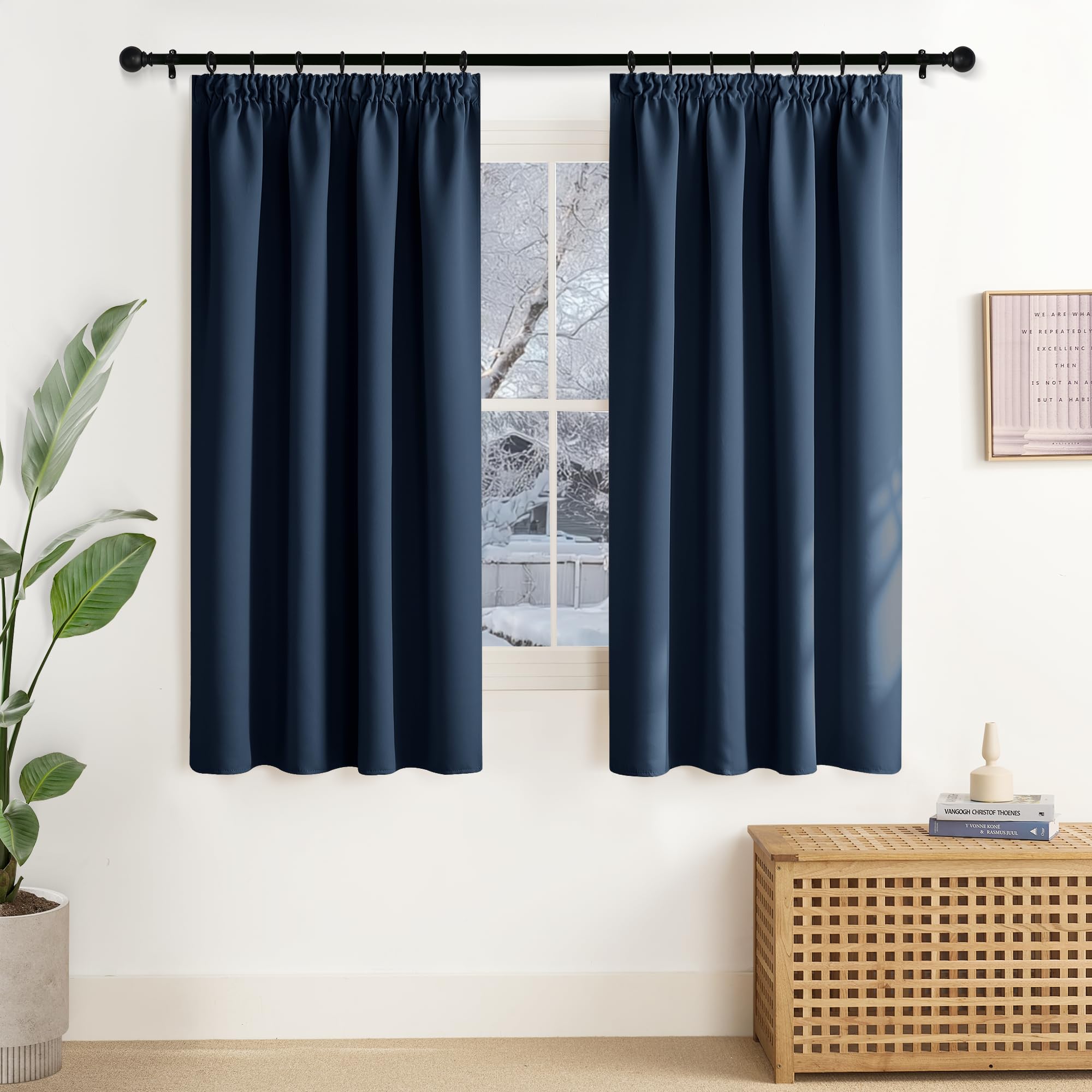 NICETOWN Dark Blue Curtains, Opaque Ruffle Tape, Set of 2, 137 x 140 cm (H x W), Blackout Curtains, Heat Protection, Thermal Curtain Against Heat, Window Curtains, Short Blackout