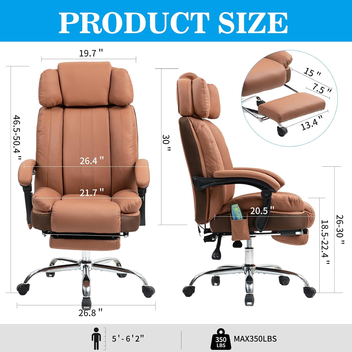 Diagram showing detailed dimensions of the Salutrobusto Massage Office Chair, including seat width, backrest height, and overall chair height.