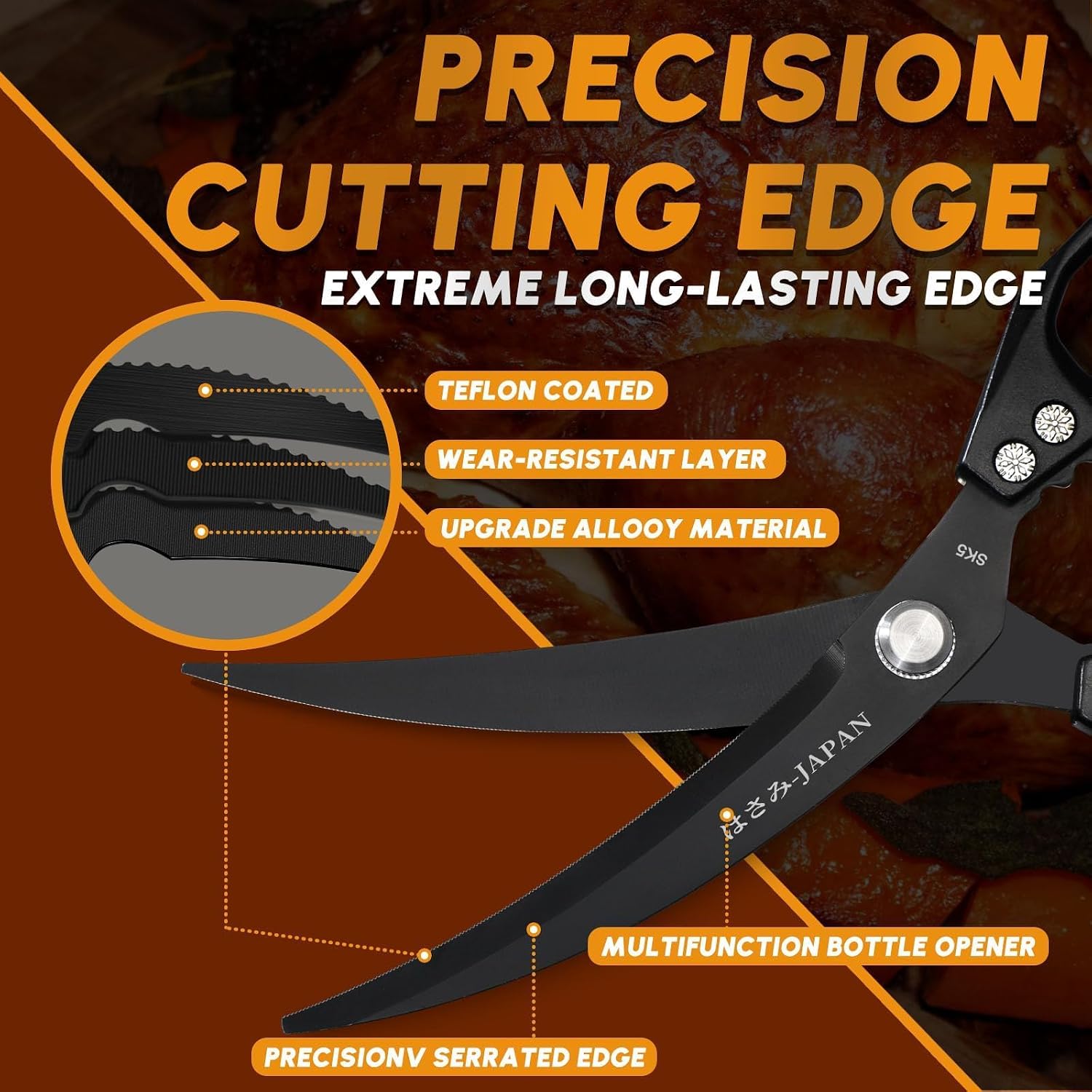 HUUSK Kitchen Scissors Set Black - Stainless Steel Kitchen Shears, Sharp Meat Scissors, Heavy Duty Poultry Shears All Purpose, Japanese Cooking Scissor for Food, Gifts for Men