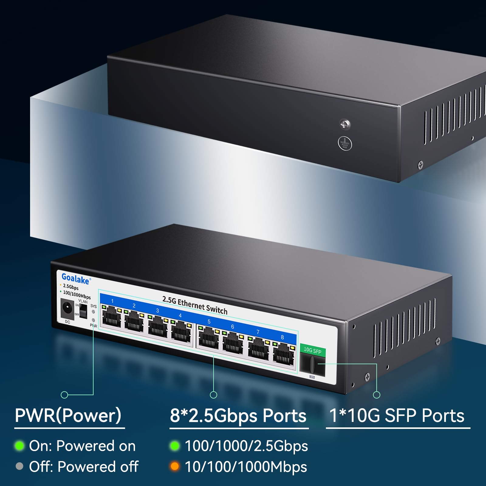Goalake Umanaged 8-portowy przełącznik 2,5G, 8 portów Base-T 2,5 G, 1 x 10G SFP+, pojemność przełączania 60 Gb/s, metal, bez wentylatora, przełącznik biurkowy 2,5 G Multi-Gigabit do bezprzewodowego AP