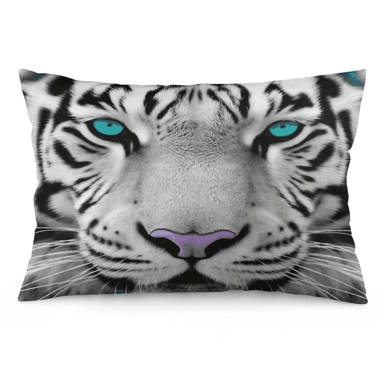Tiger with Teal Eyes Throw Pillow Covers with Silent Zipper Polyester Pillow Protectors Removable Pillow Cases Soft Pillowcase Cozy Pillow Sham Cushion Cover for Sofa Car Bed 12 "x20
