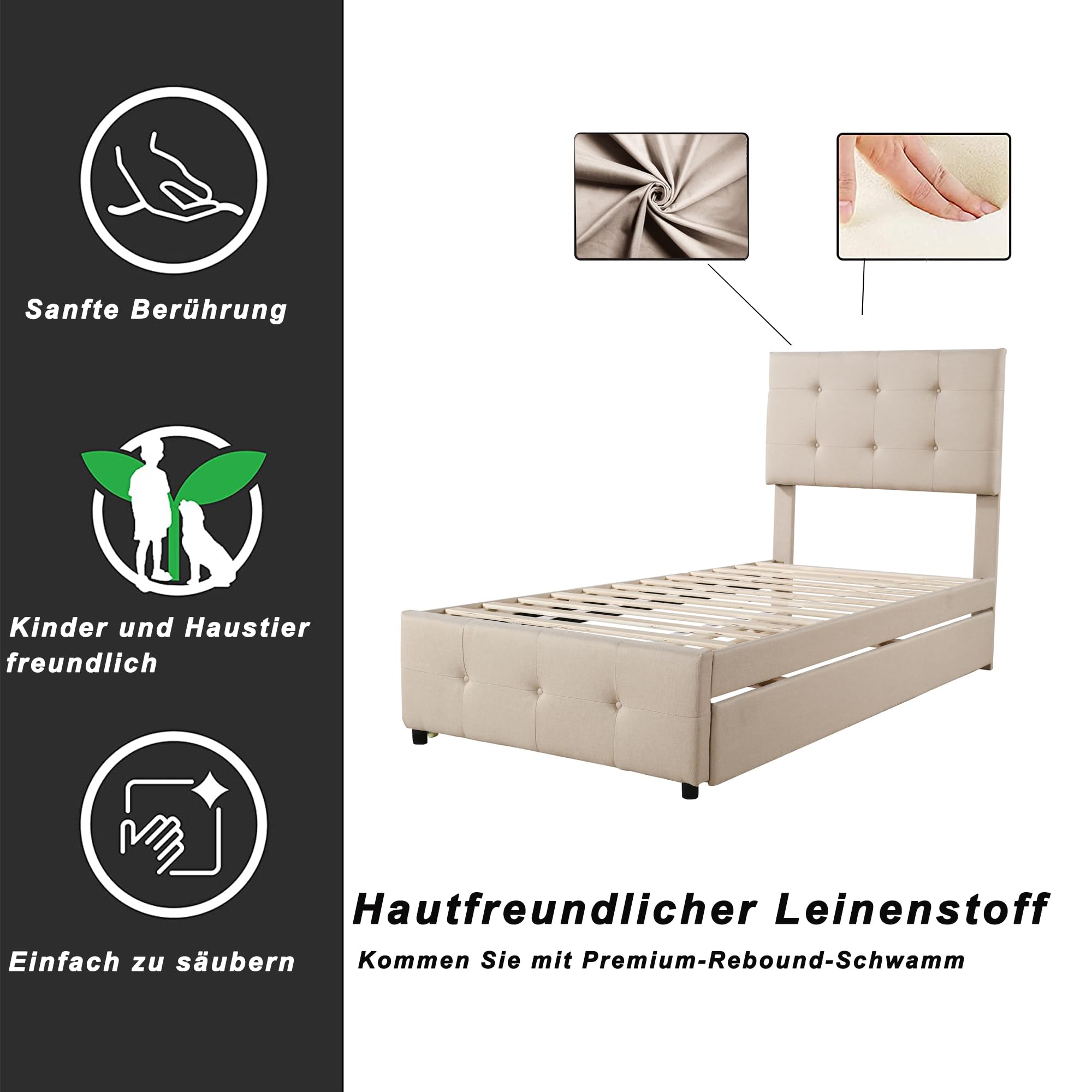 Cama tapizada de 90 x 200 cm, cama nido extraíble, cabecero ajustable, acolchado de lino agradable al tacto, cama individual plana, cama para niños, cama juvenil, cama de invitados (beige)