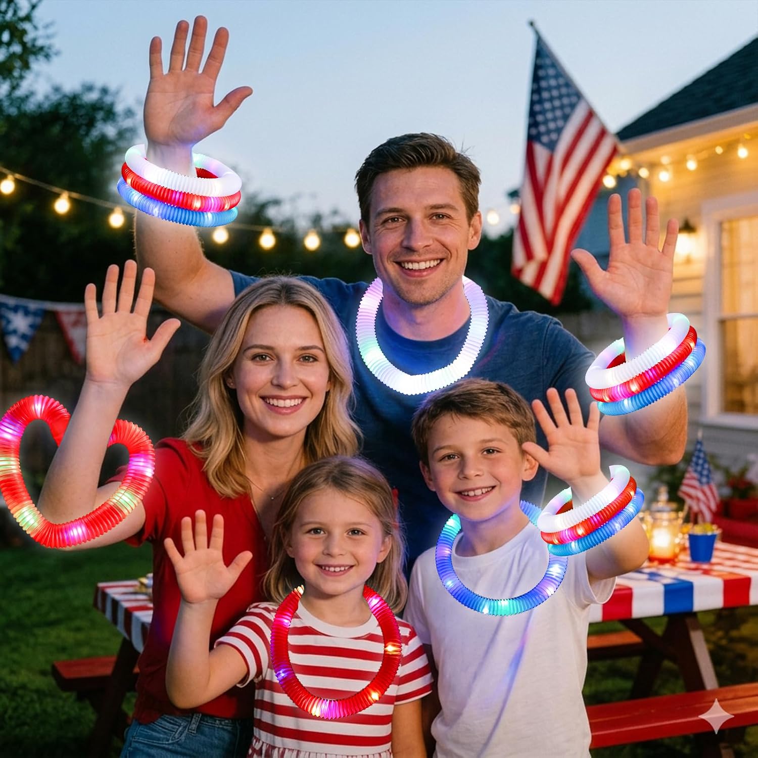 MGparty 4th of July Party Favors, 12 PCS Light Up Pop Tubes for Kids, Glow Sticks Red White Blue Fidget Toys, LED Bracelets Necklaces Accessories, Independence Day Parade and Patriotic Party Supplies