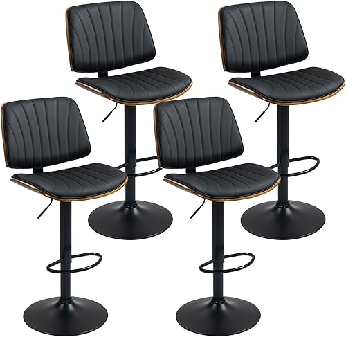 Miniatura 10 de ECOTOUGE Juego de 4 taburetes de bar, taburetes de bar ajustables para isla de cocina con respaldo y asiento de cuero, taburetes de bar giratorios