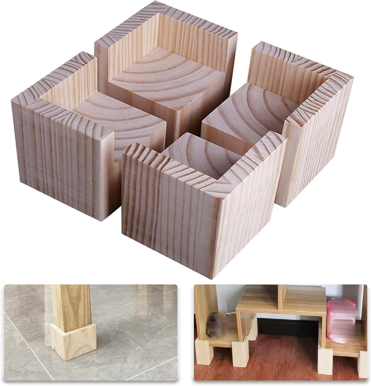 Set of 4 Bed Risers Furniture Risers, Heavy Duty Furniture Wooden Lifts, for Tables S Sofas Cabinets Supports Legs, Wood, Colour, 5x5x10cm