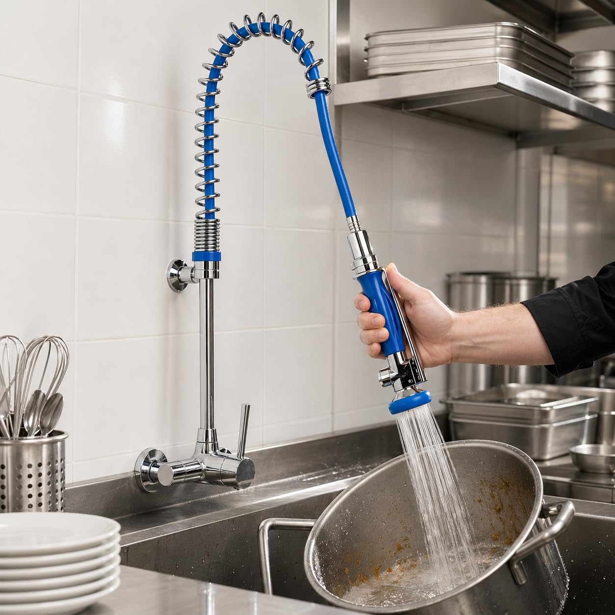 Genebre - Columna Prelavado Cocina Profesional con Grifo Mezclador Mural Monomando | Ducha Industrial con Flexo Acero Inoxidable AISI 304 | Grifo Hostelería Alta Presión