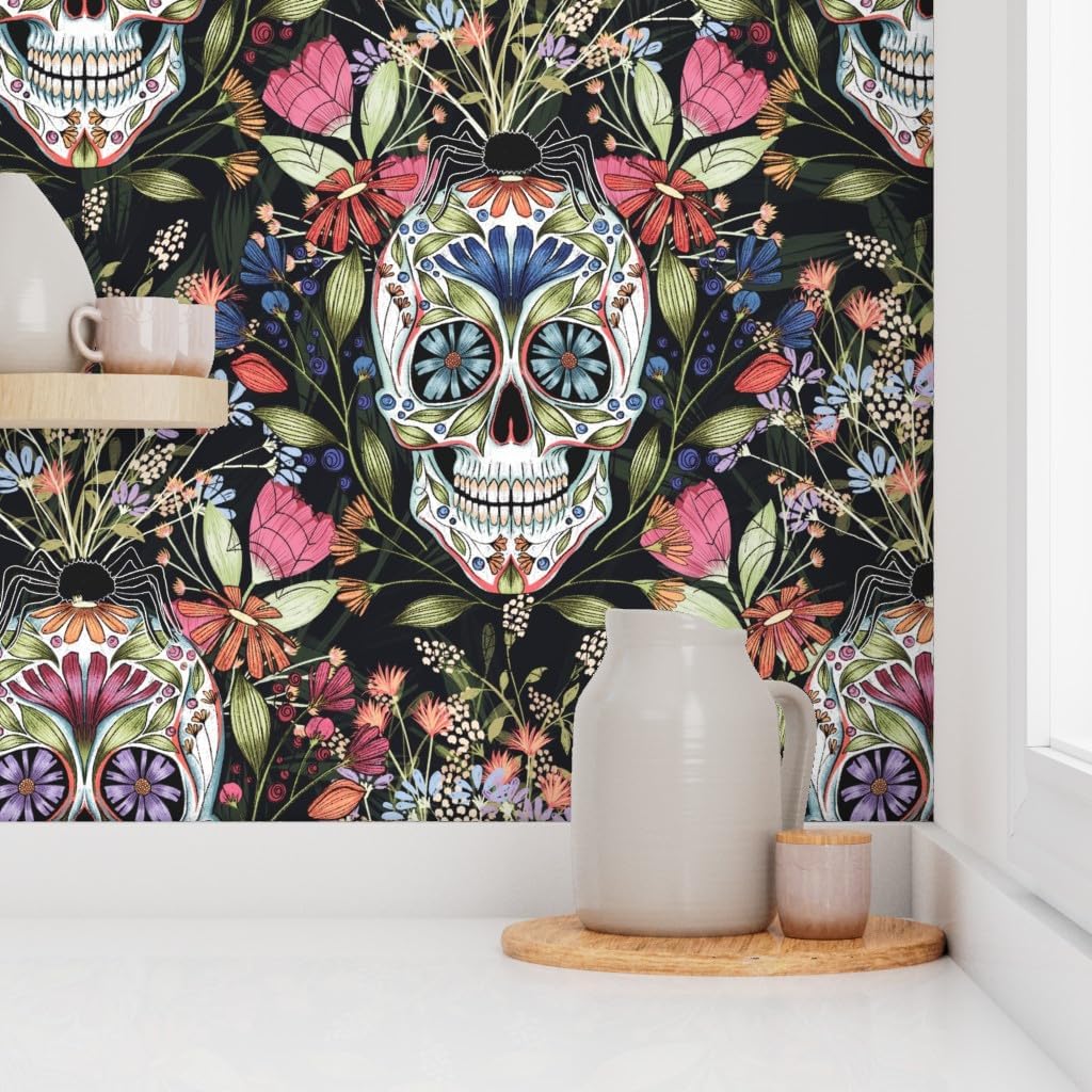 Spoonflower Peel & Stick Wallpaper 3ft x 2ft - Spooky Elegance Floral Skull Illustration Halloween Sugar La Dia De Los Muertos Custom Removable Wallpaper