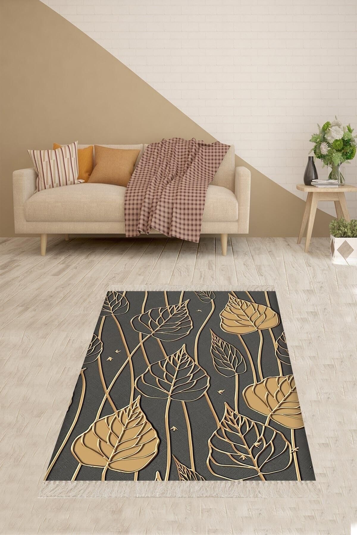 Pelangi Gold Yaprak Desenli Dijital Baskılı Kaymaz Taban Modern Salon Halısı Ve Yolluk, Gri 100 x 250