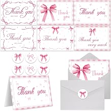 60 Pieces Pink Bow Thank You Cards with Envelopes Coquette Theme Thank You Cards with Bow Stickers for Wedding Bridal Baby Shower Birthday Party