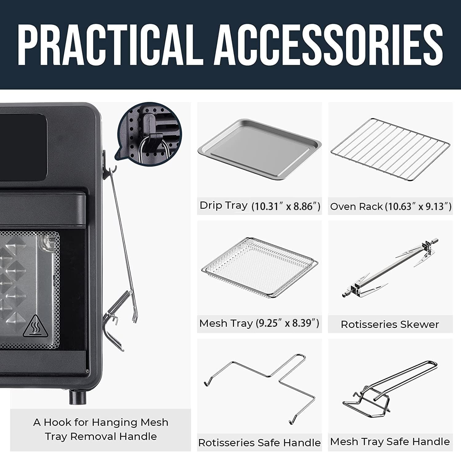 Various accessories for the BLAZANT Air Fryer Oven including drip tray, oven rack, mesh tray, rotisserie skewer, and handles.