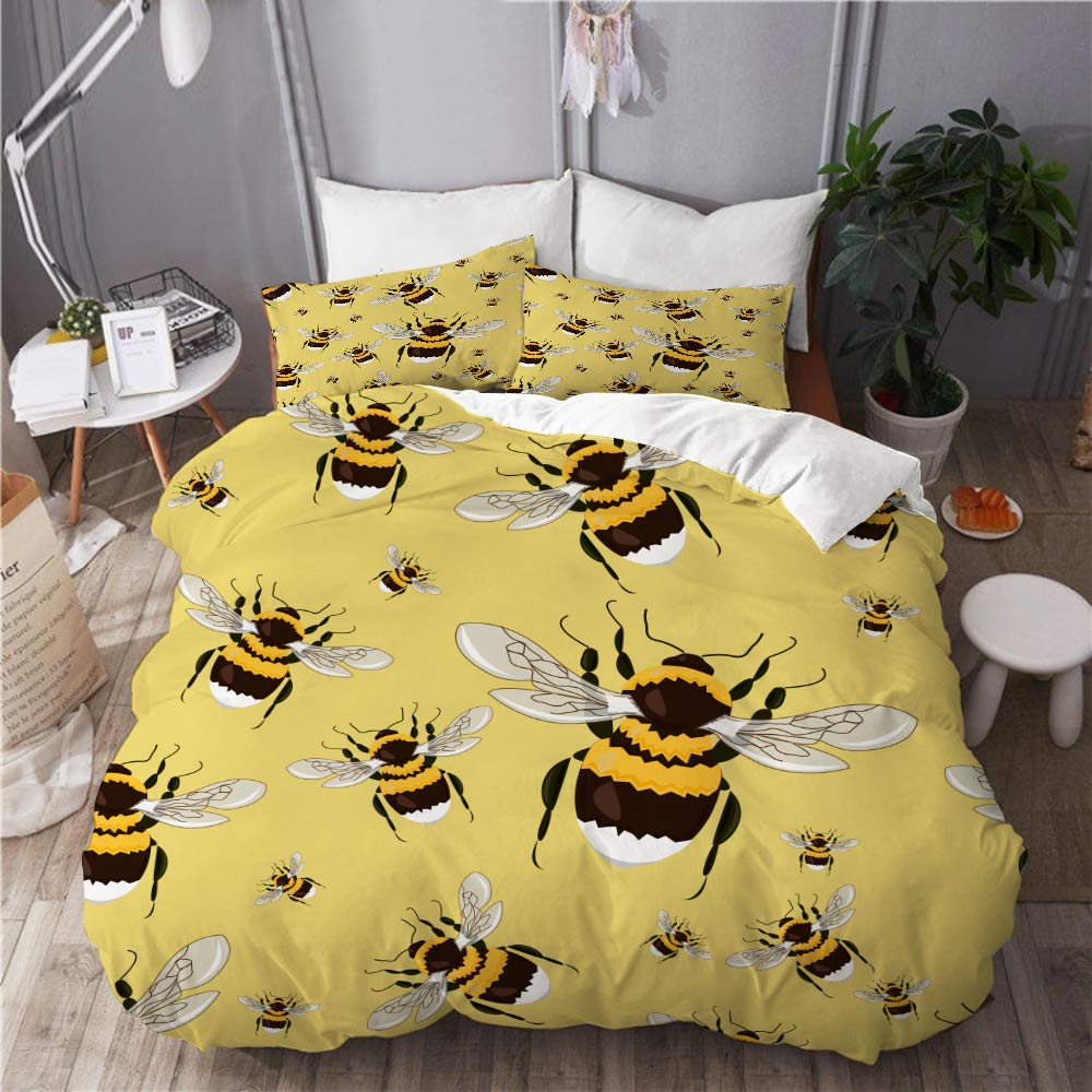 Mokale Duvet Cover Set,seamless pattern big bright bumblebees realistic,Bedroom,Dorm room,Decorative 3 Piece Bedding Set with 2 Pillowcase,Single Size
