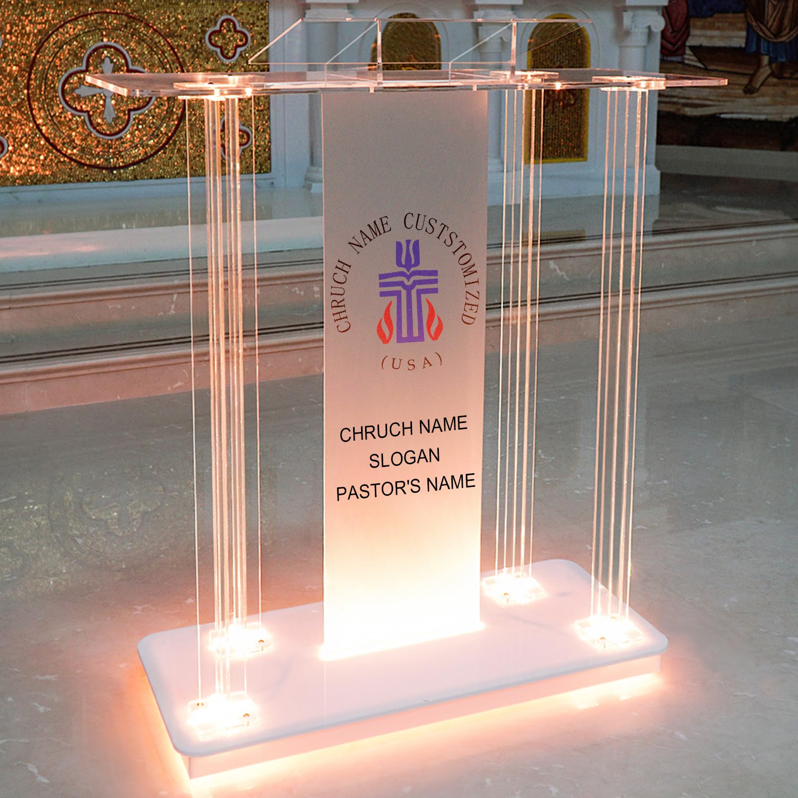 Afitdon Champ d'église personnalisé - en Acrylique - avec Roues et 15 Couleurs de lumière LED réglables - Grand Support en Acrylique - pour église, Concert, conférence, Mariage, Salle de Classe