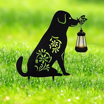 Solar Lights Outdoor Garden Decor - Metal Dog Holding Lantern Stake, Waterproof Solar-Powered Pathway Light for Yard, Pathway, Lawn, Patio - Unique Gift for Dog Lovers Halloween Christmas Garden Decor