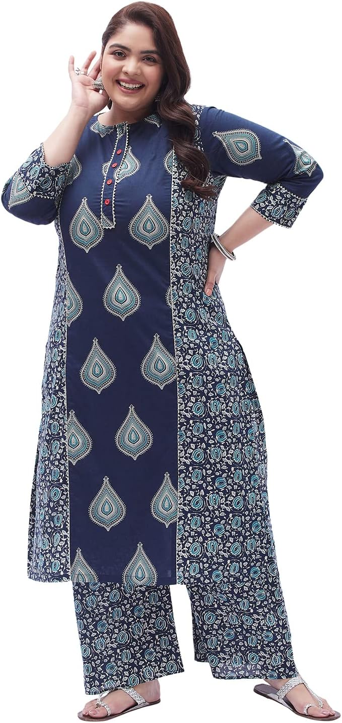 TissuWomen's Pure Cotton Indigo Printed Kurta with Palazzo