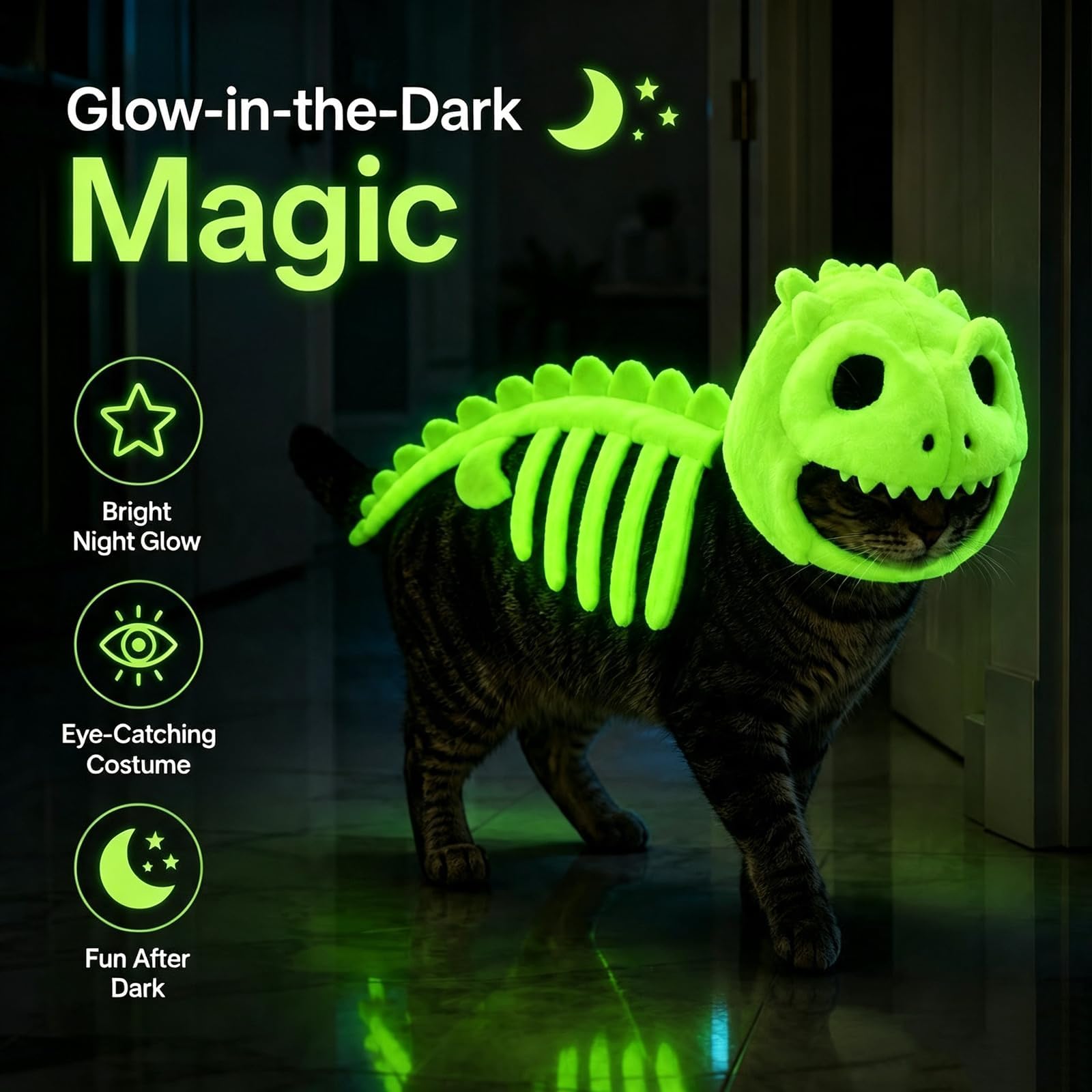 Kostium kota ze szkieletem dinozaura, świecący w ciemności, miękki pluszowy strój na Halloween, kostium dla zwierząt domowych, przebranie cosplay, motyw Halloween, zabawny wzór dinozaura