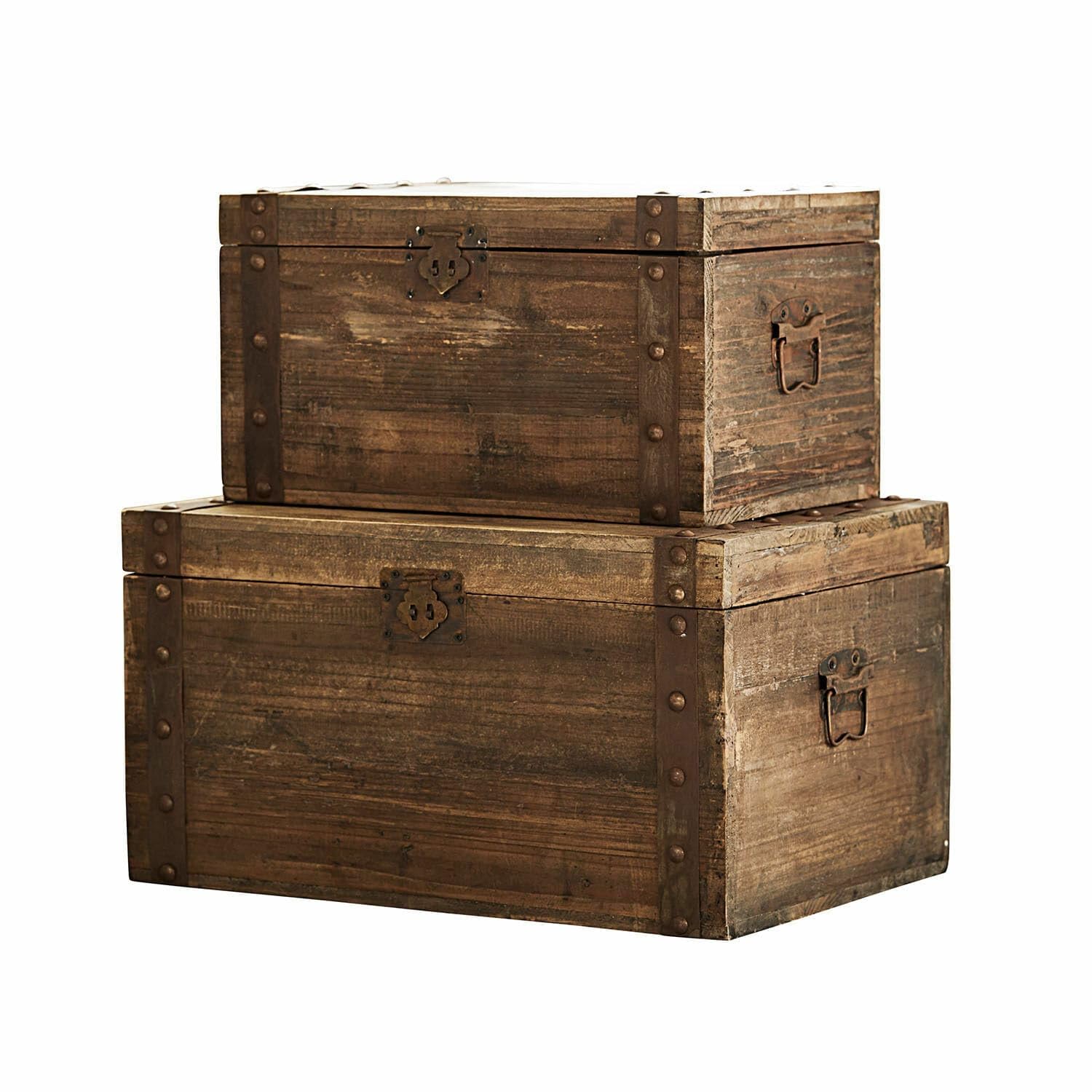 Loberon Pratt Lot de 2 Malles - Bois de Sapin revalorisé - Ferrures Effet Rouille, Marron Vieilli