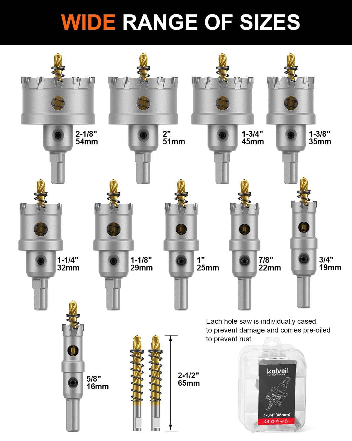 Kolvoii Kit de 12 sierras perforadoras TCT, 5/20.3 cm-2-1/20.3 cm, juego de cortadores de agujeros con punta de carburo de tungsteno con broca piloto para acero inoxidable, acero suave, hierro, cobre,