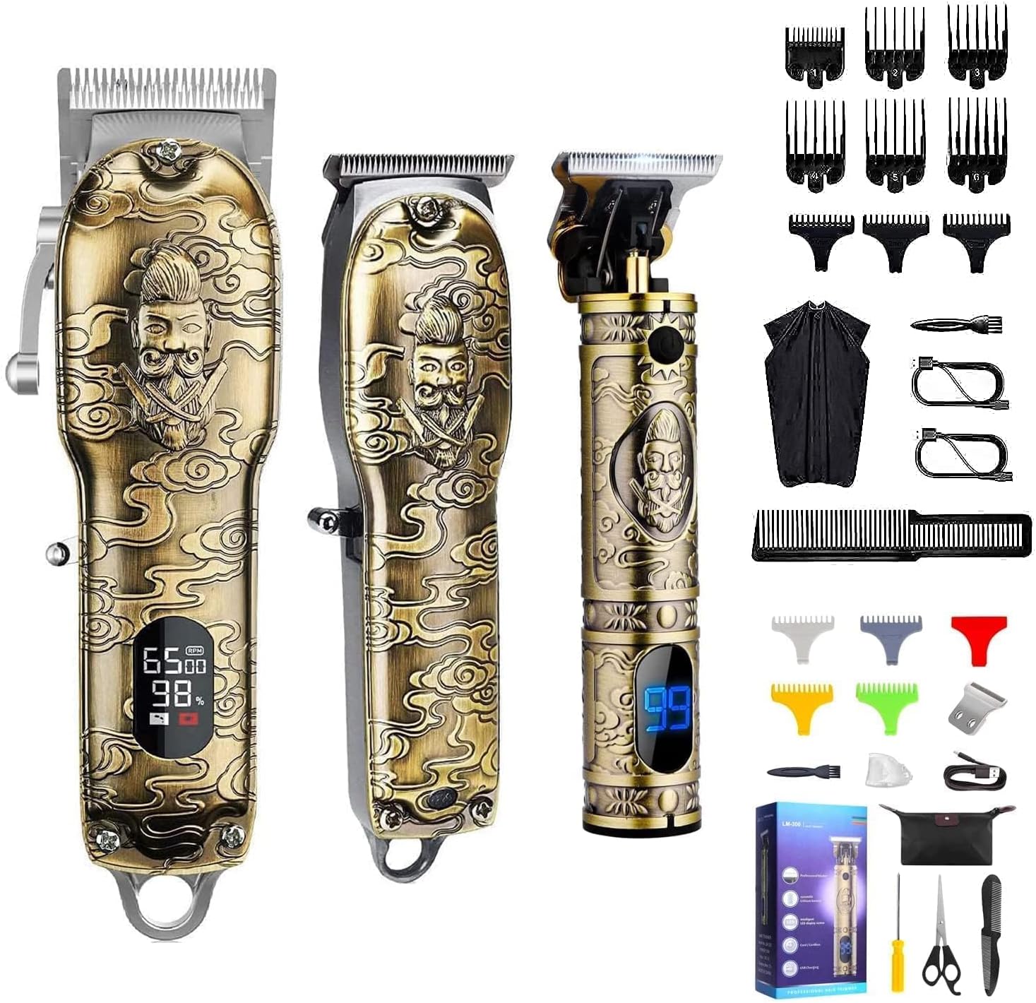 Hair Clippers and Trimmers Set of 3, Suttik Professional Cordless Hair Clippers for Men, Barber Clippers for Hair Cutting with T-Blade Trimmer Set, Beard Trimmer for Men, LED Display, Gold