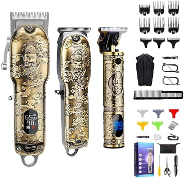 Suttik Hair Clippers and Trimmers Set of 3, Professional Cordless Hair Clippers for Men, Barber Clippers for Hair Cutting with T-Blade Trimmer Set, Beard Trimmer for Men, LED Display, Gold