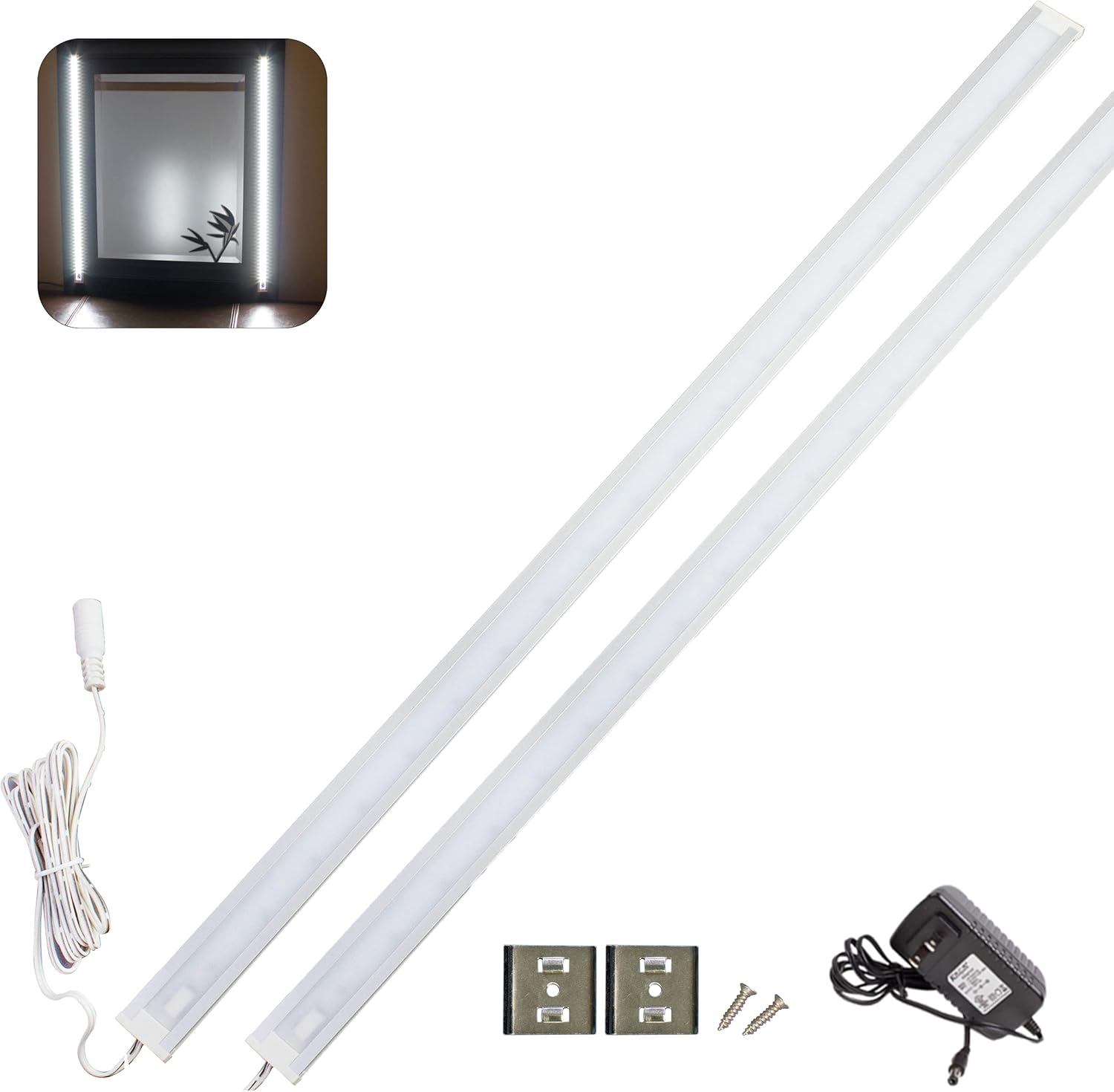 Makeup Mirror LED Light White Color Dual 2ft Vanity Mirror Light Set + UL Power Adapter