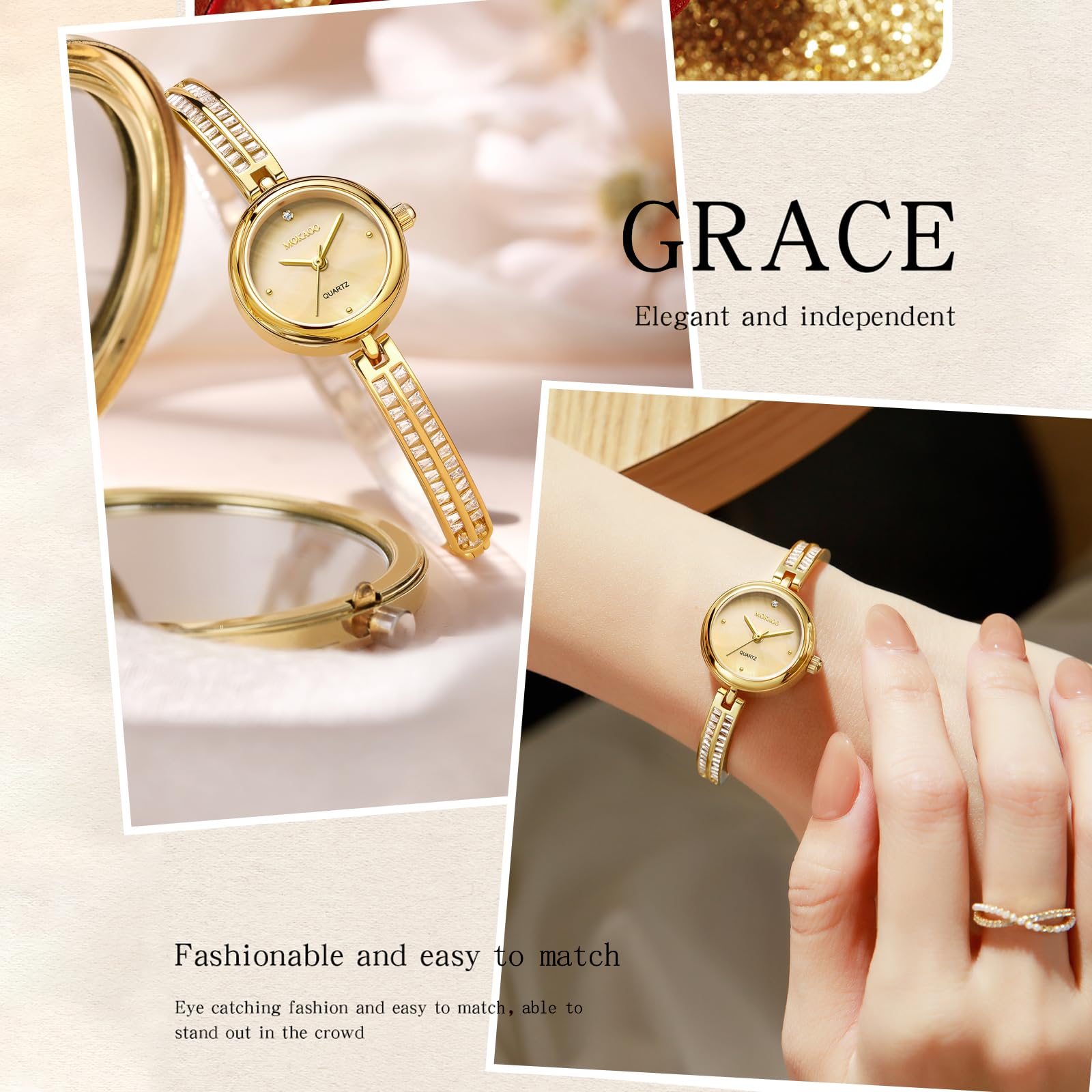 findtime Reloj de pulsera dorado para mujer, de oro, para mujer, de oro, pequeño reloj de pulsera de plata con cristales de corte baguette para el uso diario