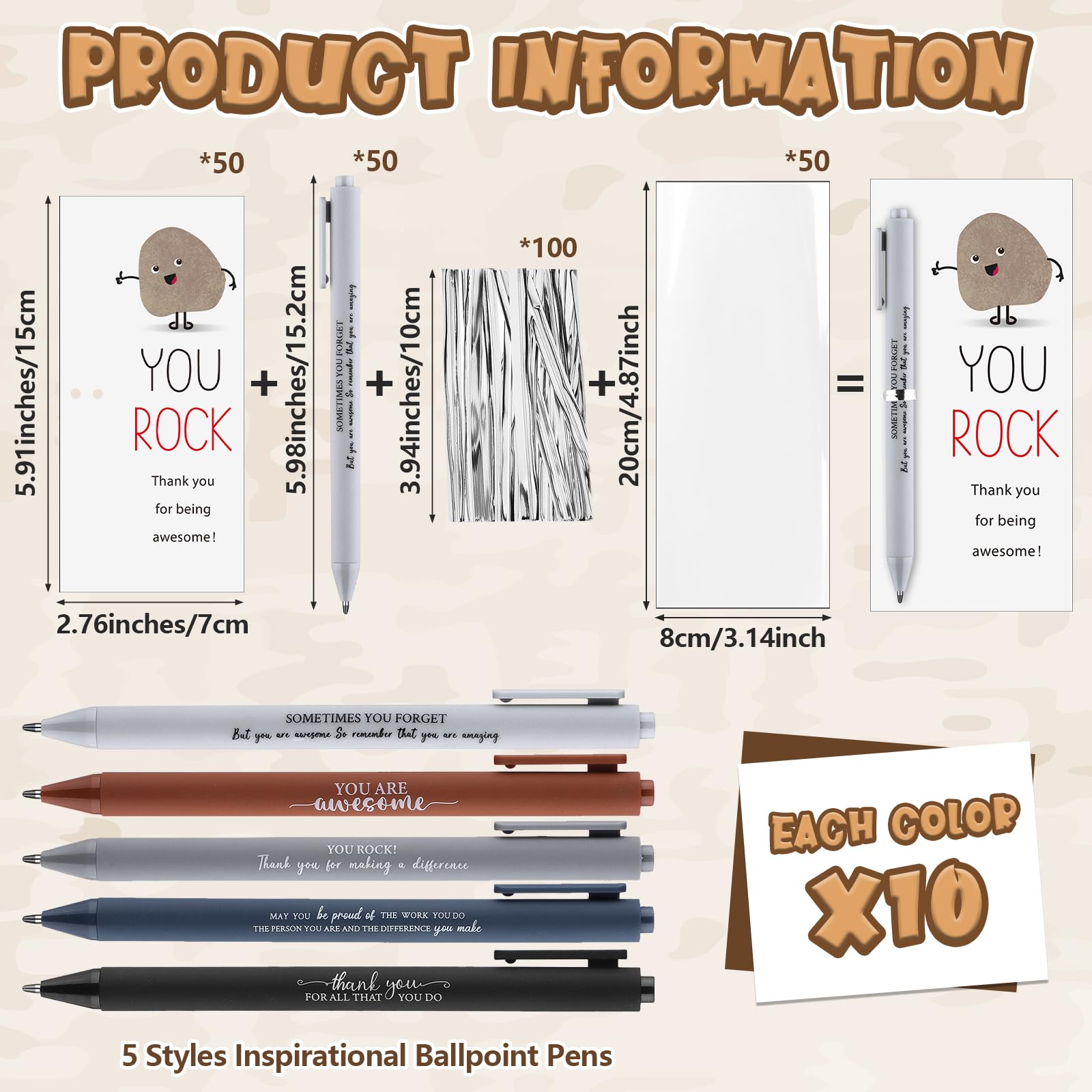 SevenMye 50 Sets Employee Appreciation Gifts Bulk Inspirational Ballpoint Pens You Rock Thank You Cards Emotional Support Gifts for Coworker Staff Volunteer Teacher Pocket Favor Office - Image 2