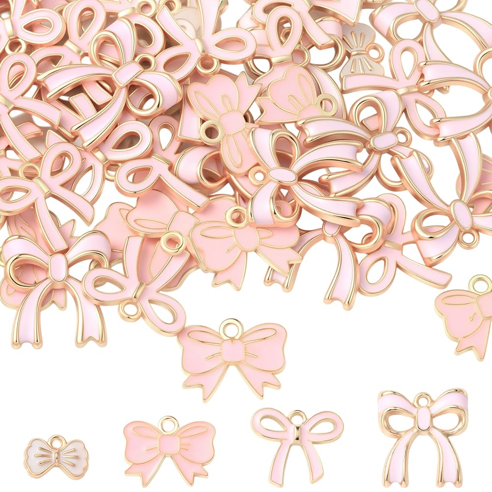 SUNNYCLUE 1 Box 4 Style 40-80Pcs Romantic Charm Enamel Flat Bowknot Charms Pink Bow Pendants Bulk for Women Jewelry Making Earrings Necklace Bracelets