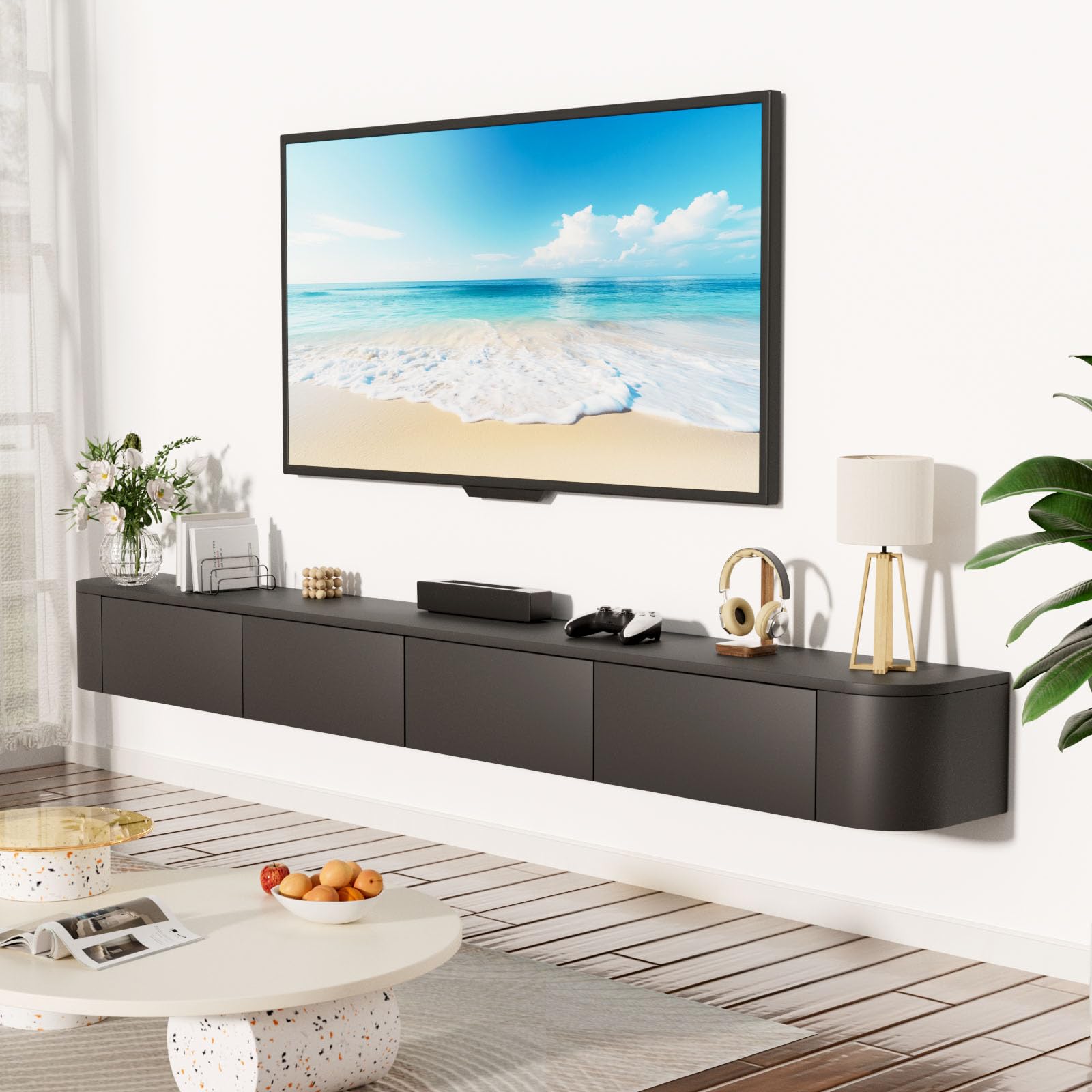 JMGJOY 200cm Floating Tv Stand Cabinet Wall Mounted Tv Unit with Doors And Drawers Media Wall Unit Large Storage Console Table for Living Room Bedroom and Office, Black — image 1