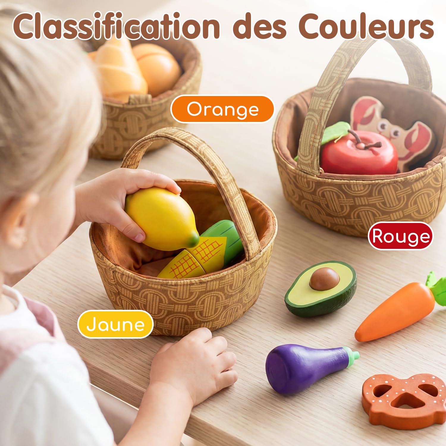 Lehoo Castle Accessoire Cuisine Enfant, Jouet de Cuisine en Bois, Accessoires Cuisine Enfant avec Panier en Tissu, Jouet Alimentaire, Jouet Montessori 3 4 5 6 7 Ans